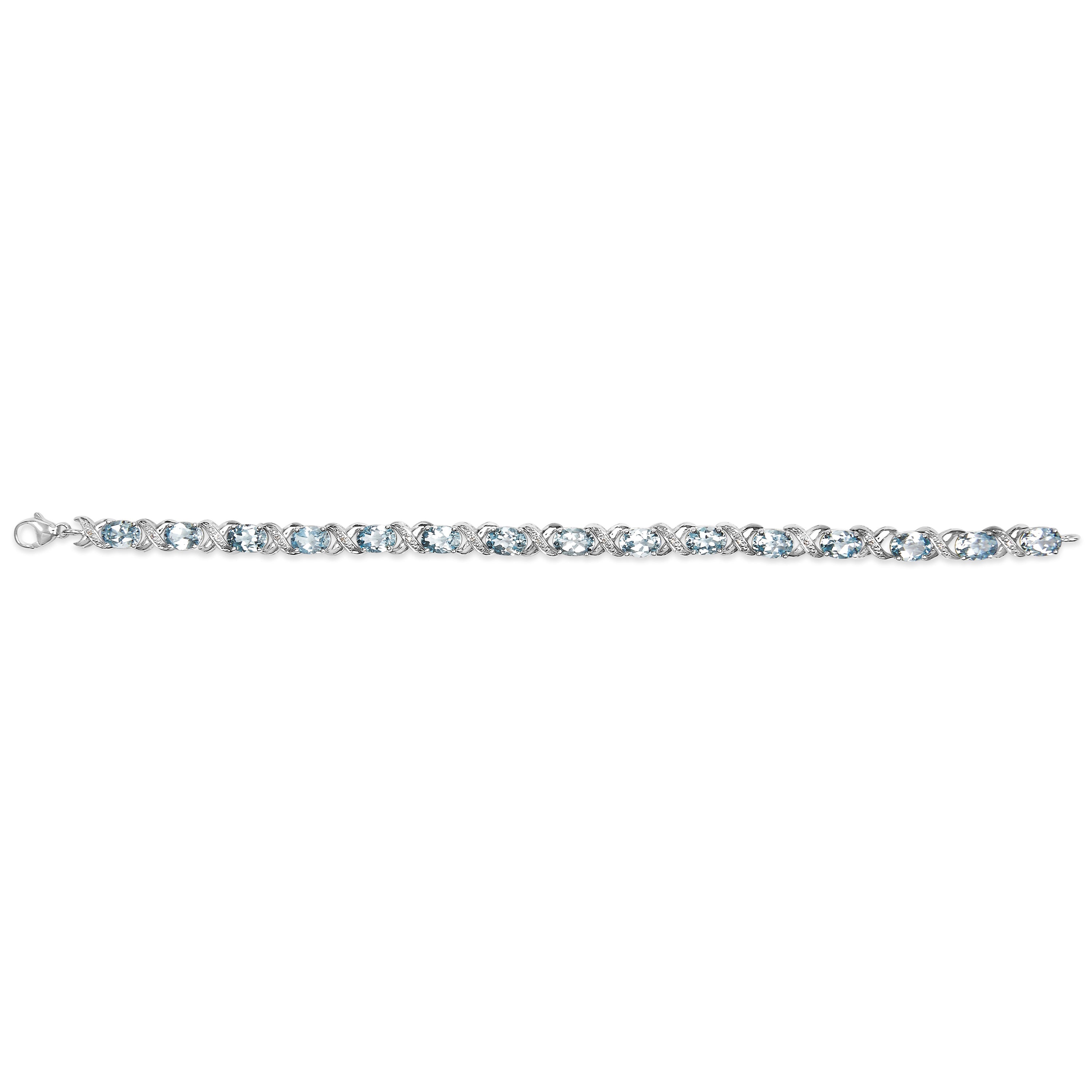 .925 Sterling Silver 16.0 Cttw Oval Blue Topaz and Diamond Accent Tennis X Link Bracelet (I-J Color, I1-I2 Clarity) - Size 7" Inch DestGlow