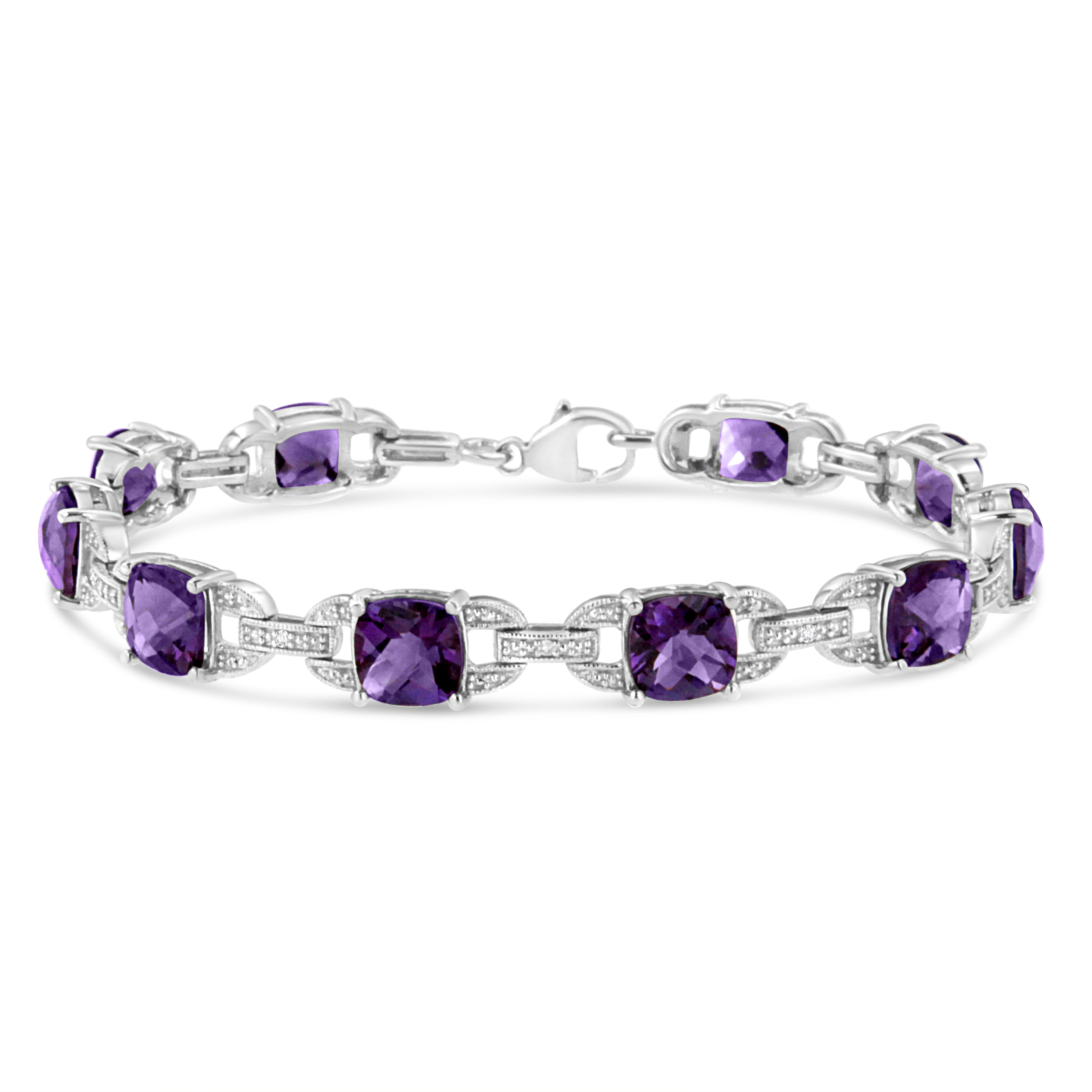 .925 Sterling Silver 7mm Cushion Cut Amethyst Gemstone and Diamond Tennis Link Bracelet (I-J Color, I1-I2 Clarity) - Size 7" by Bids.com