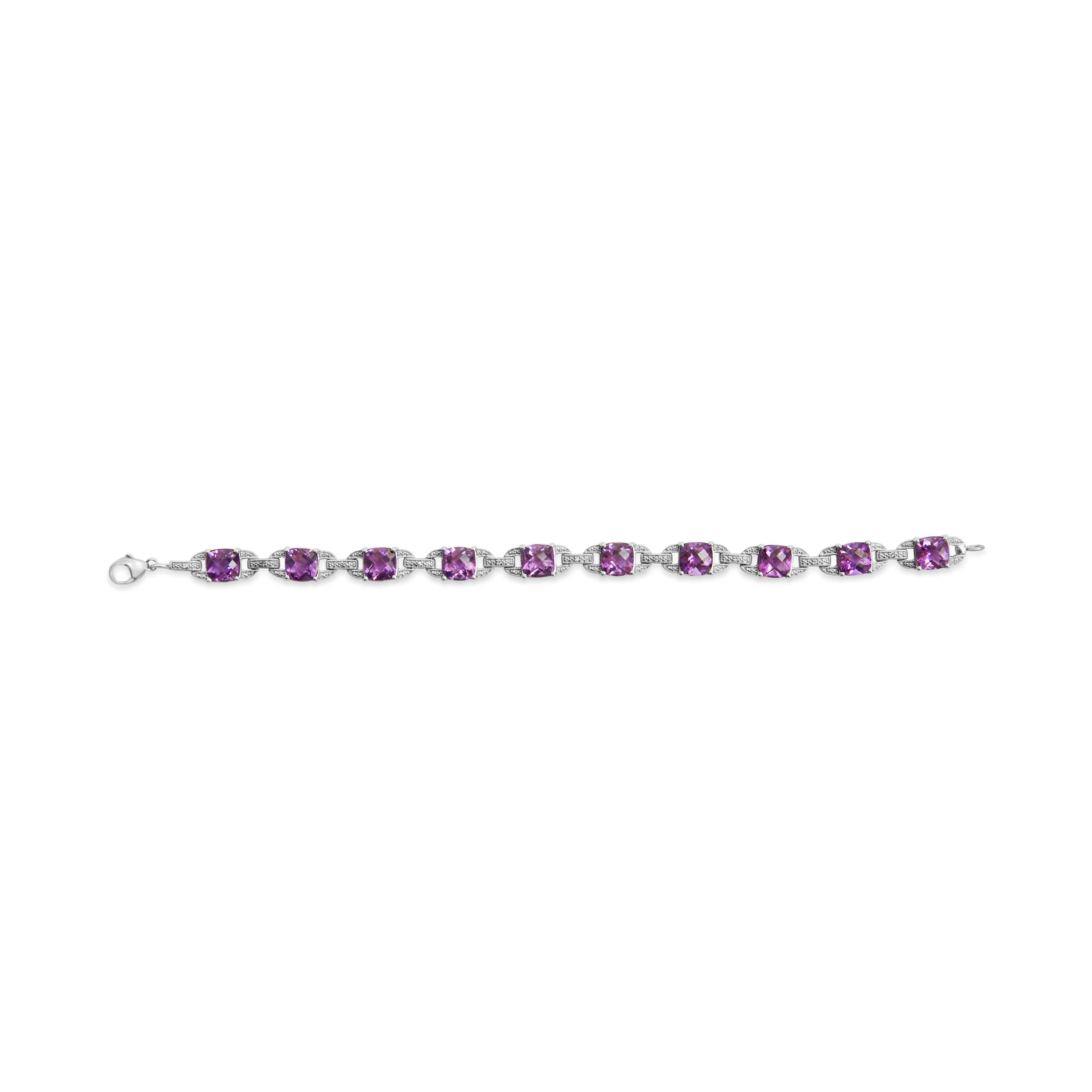 .925 Sterling Silver 7mm Cushion Cut Amethyst Gemstone and Diamond Tennis Link Bracelet (I-J Color, I1-I2 Clarity) - Size 7" by Bids.com