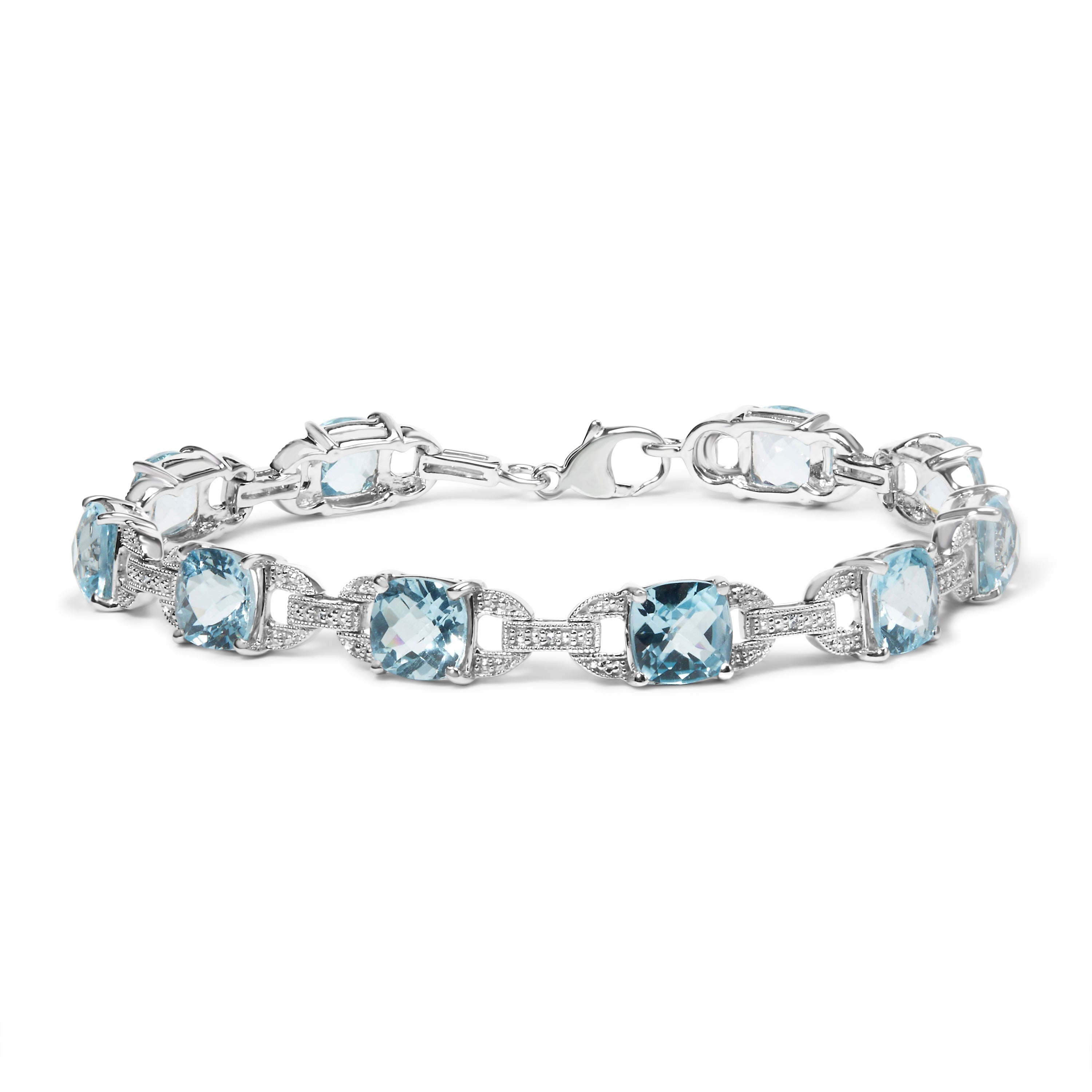 .925 Sterling Silver 7x7 mm Cushion Cut Blue Topaz and 1/20 cttw Round Cut Diamond Fashion Tennis Bracelet (I-J Color, I1-I2 Clarity) - 7" DestGlow