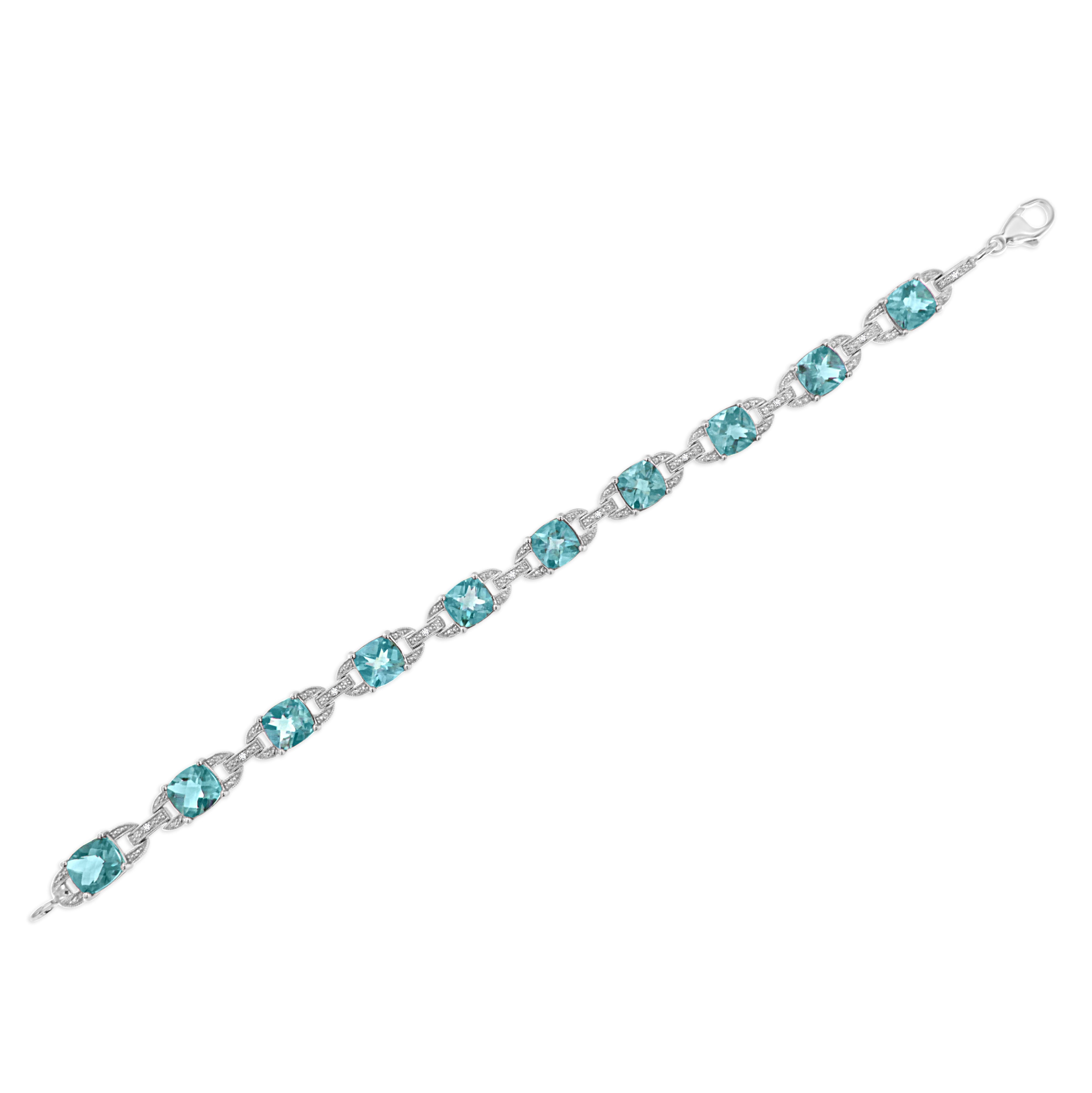 .925 Sterling Silver 7x7 mm Cushion Cut Blue Topaz and 1/20 cttw Round Cut Diamond Fashion Tennis Bracelet (I-J Color, I1-I2 Clarity) - 7" DestGlow
