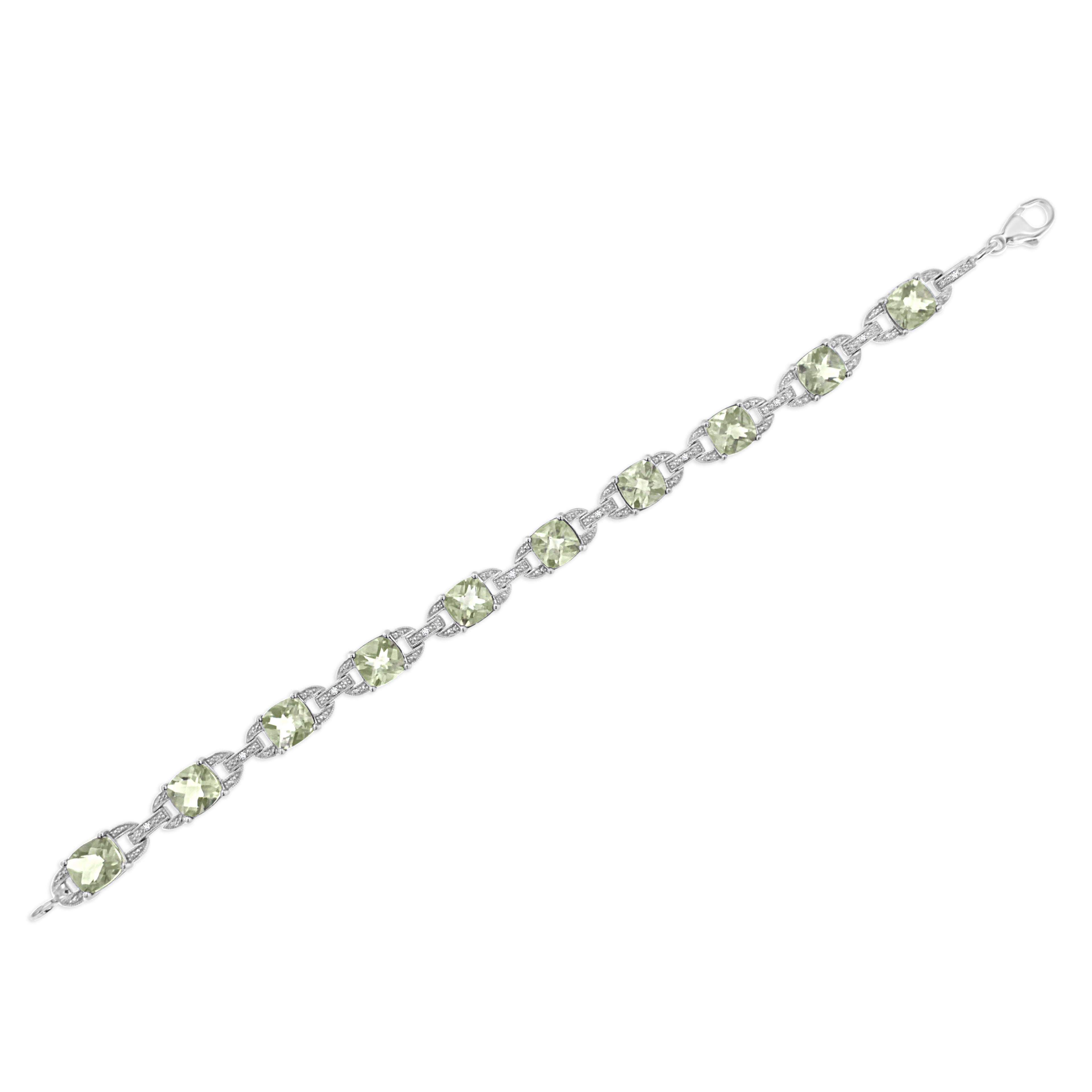 .925 Sterling Silver 7x7 mm Cushion Cut Green Amethyst and 1/20 cttw Round Cut Diamond Fashion Tennis Bracelet (I-J Color, I1-I2 Clarity) - 7" DestGlow