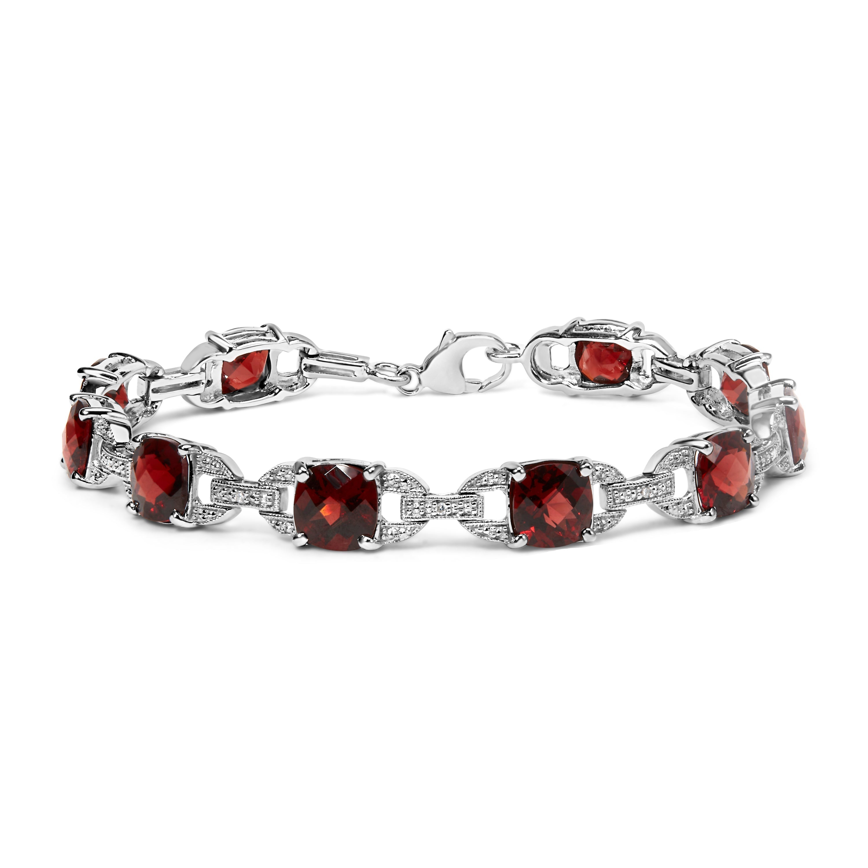 .925 Sterling Silver 7x7mm Checkered Cushion Red Garnet and Diamond Accent Fashion Tennis Link Bracelet (I-J Color, I1-I2 Clarity) - Size 7" Inch DestGlow