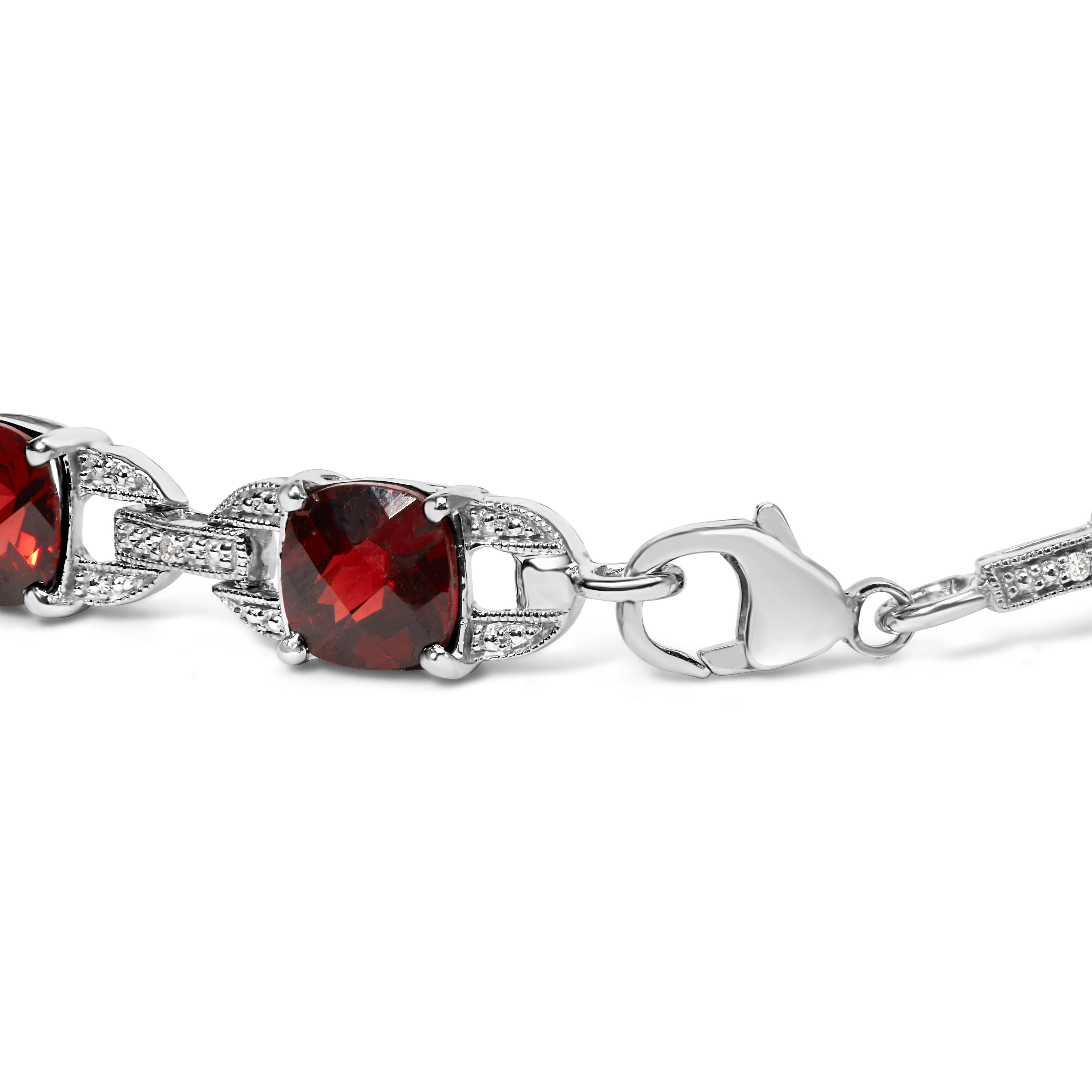 .925 Sterling Silver 7x7mm Checkered Cushion Red Garnet and Diamond Accent Fashion Tennis Link Bracelet (I-J Color, I1-I2 Clarity) - Size 7" Inch DestGlow