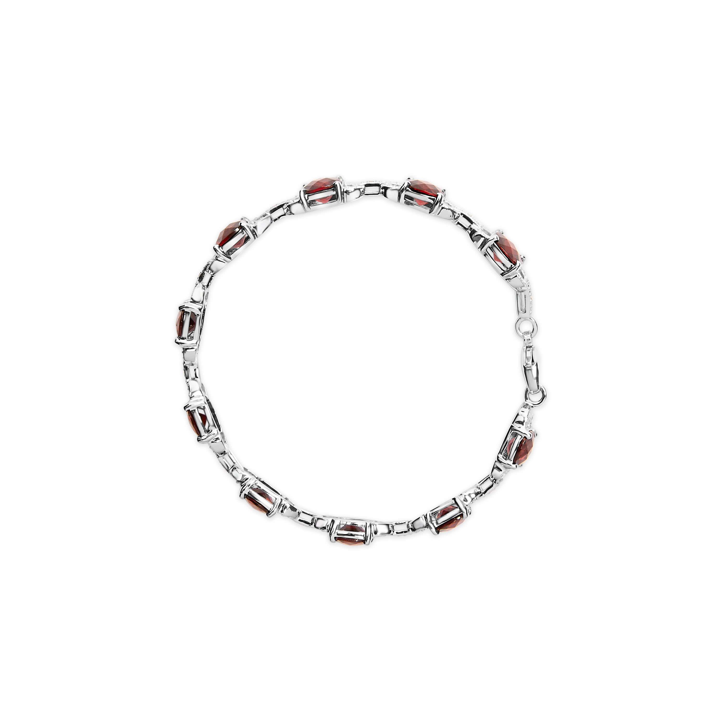 .925 Sterling Silver 7x7mm Checkered Cushion Red Garnet and Diamond Accent Fashion Tennis Link Bracelet (I-J Color, I1-I2 Clarity) - Size 7" Inch DestGlow