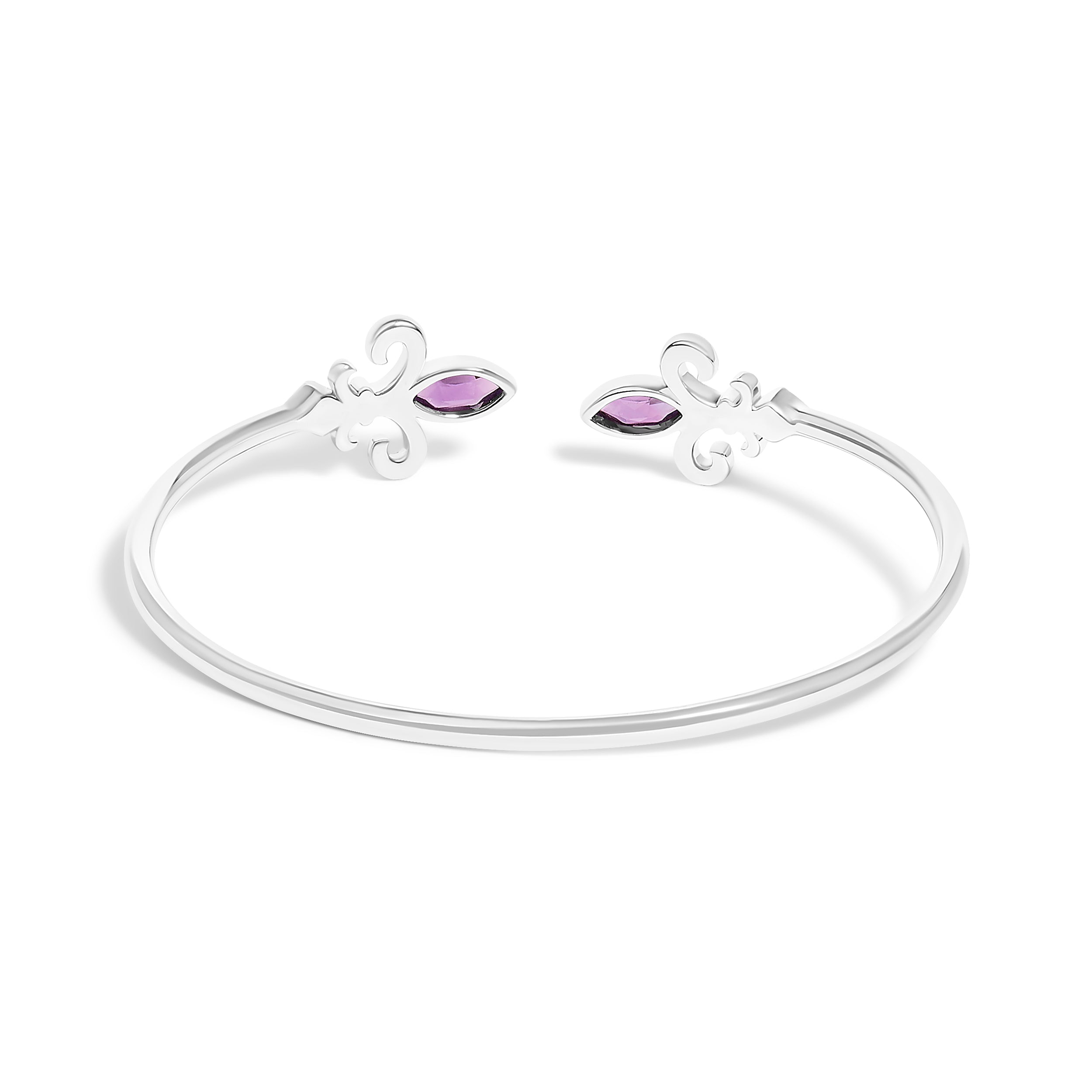 .925 Sterling Silver 8X4MM Marquise Purple Amethyst and Diamond Accent Fleur Di Lis Open Cuff Bangle (I-J Color, I1-I2 Clarity) - 7" DestGlow