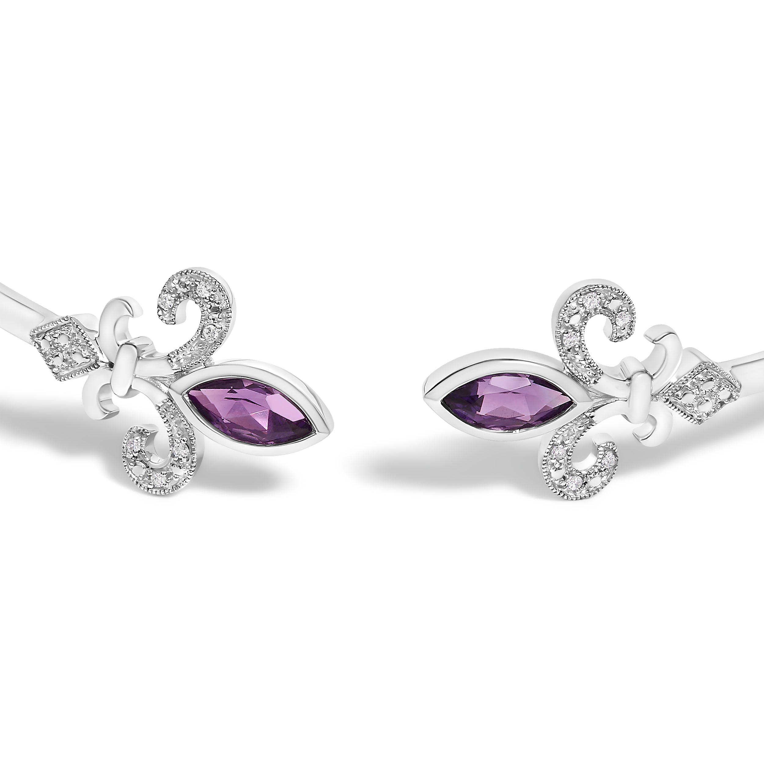 .925 Sterling Silver 8X4MM Marquise Purple Amethyst and Diamond Accent Fleur Di Lis Open Cuff Bangle (I-J Color, I1-I2 Clarity) - 7" DestGlow