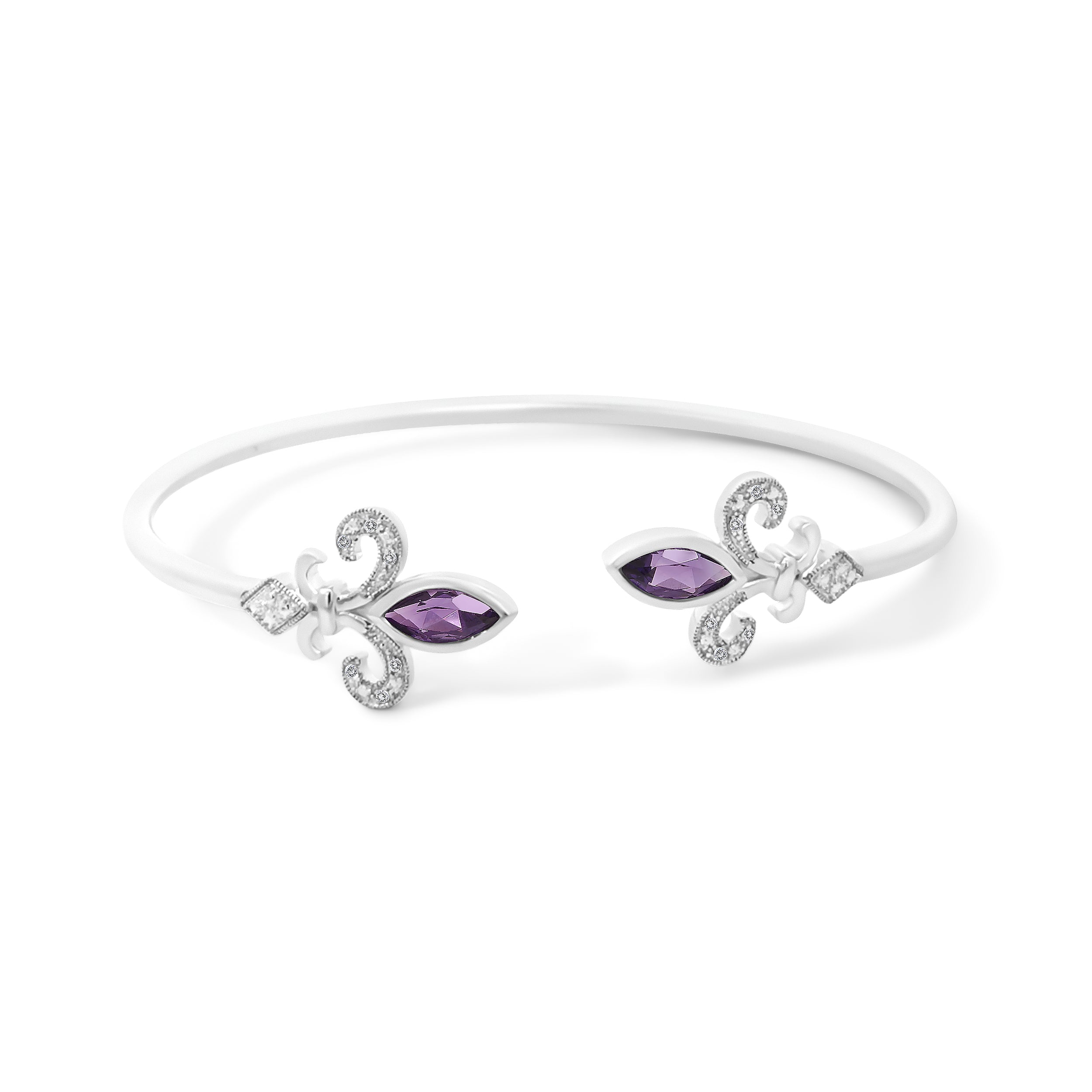 .925 Sterling Silver 8X4MM Marquise Purple Amethyst and Diamond Accent Fleur Di Lis Open Cuff Bangle (I-J Color, I1-I2 Clarity) - 7" DestGlow
