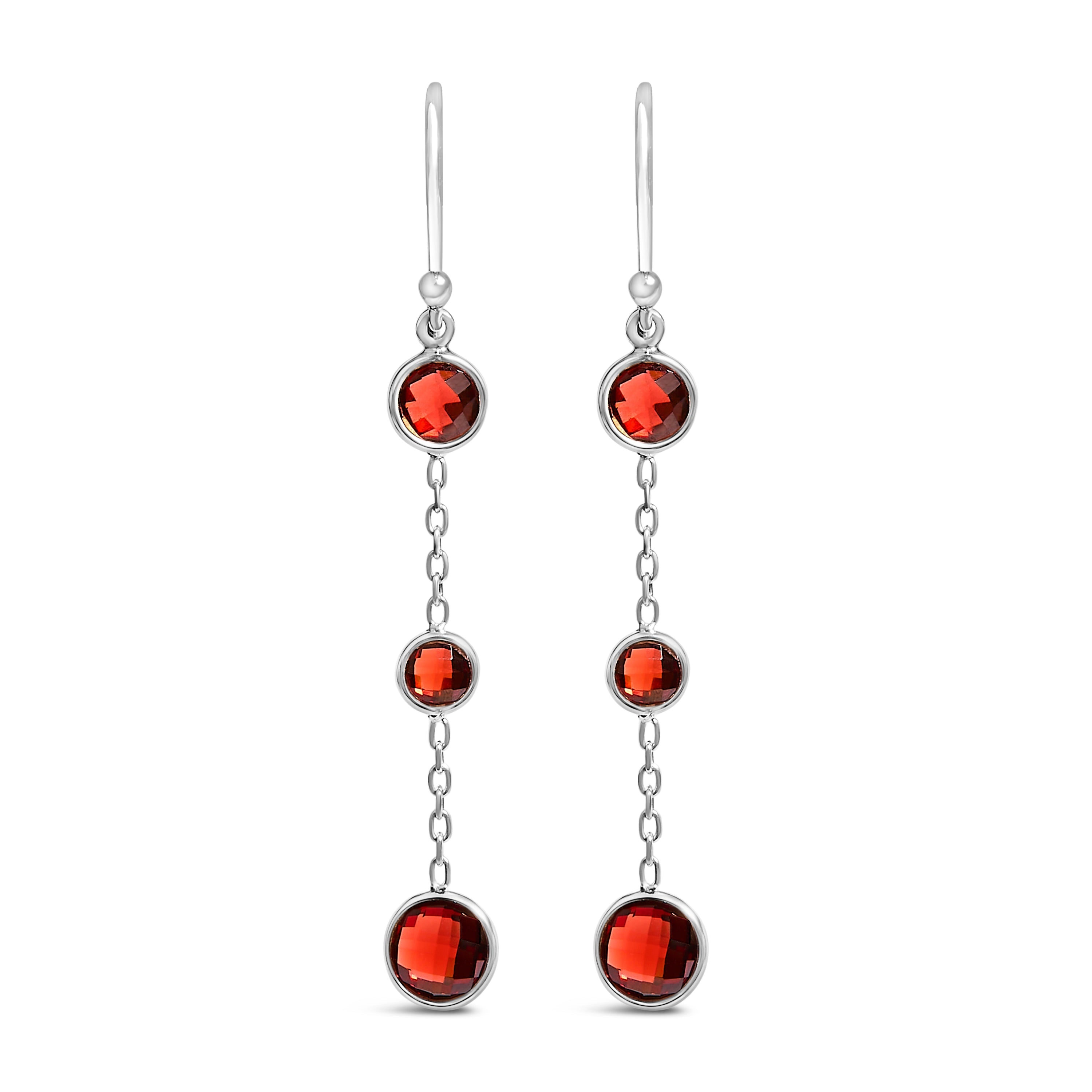 .925 Sterling Silver Graduating Bezel Set Red Garnet Dangle Earring DestGlow