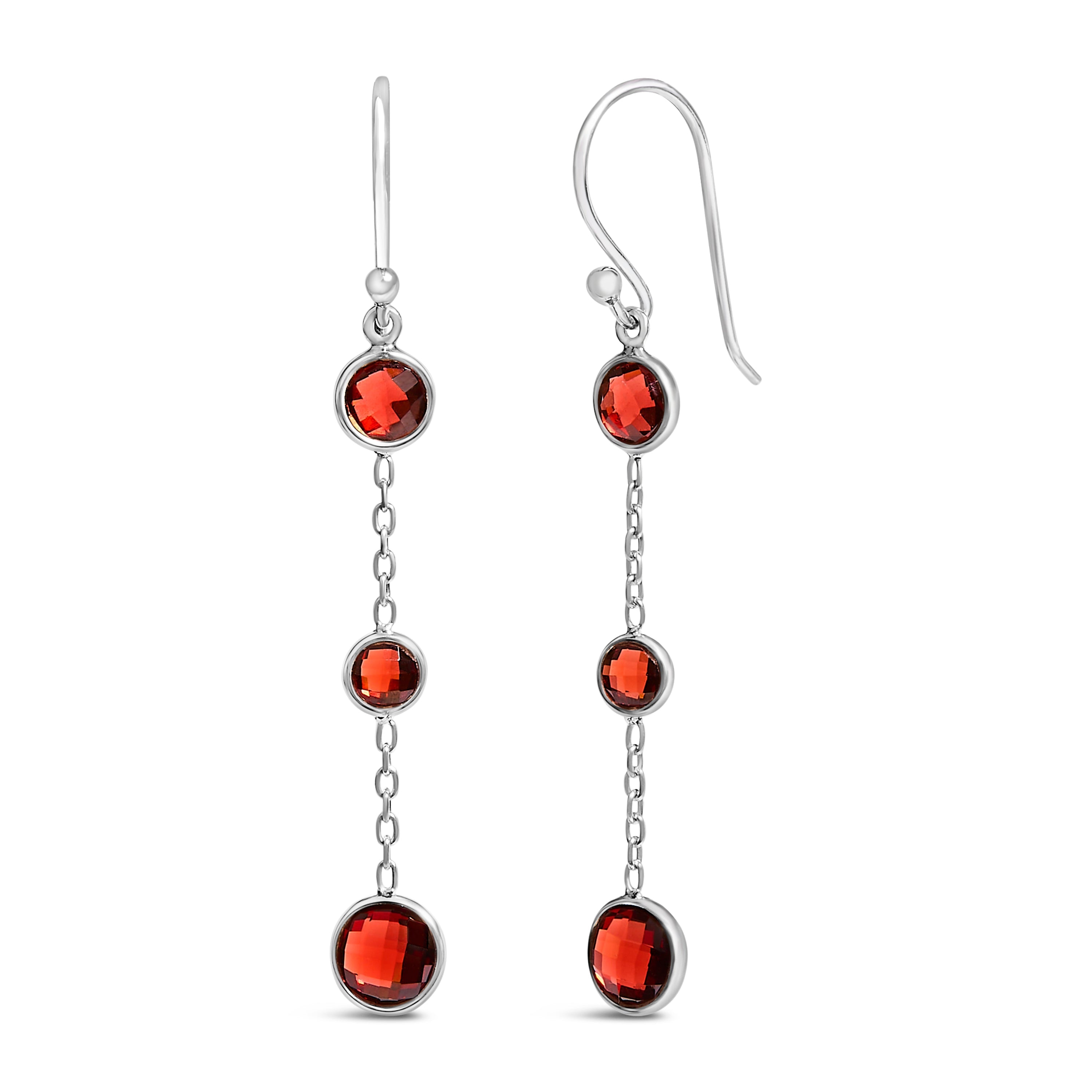 .925 Sterling Silver Graduating Bezel Set Red Garnet Dangle Earring DestGlow