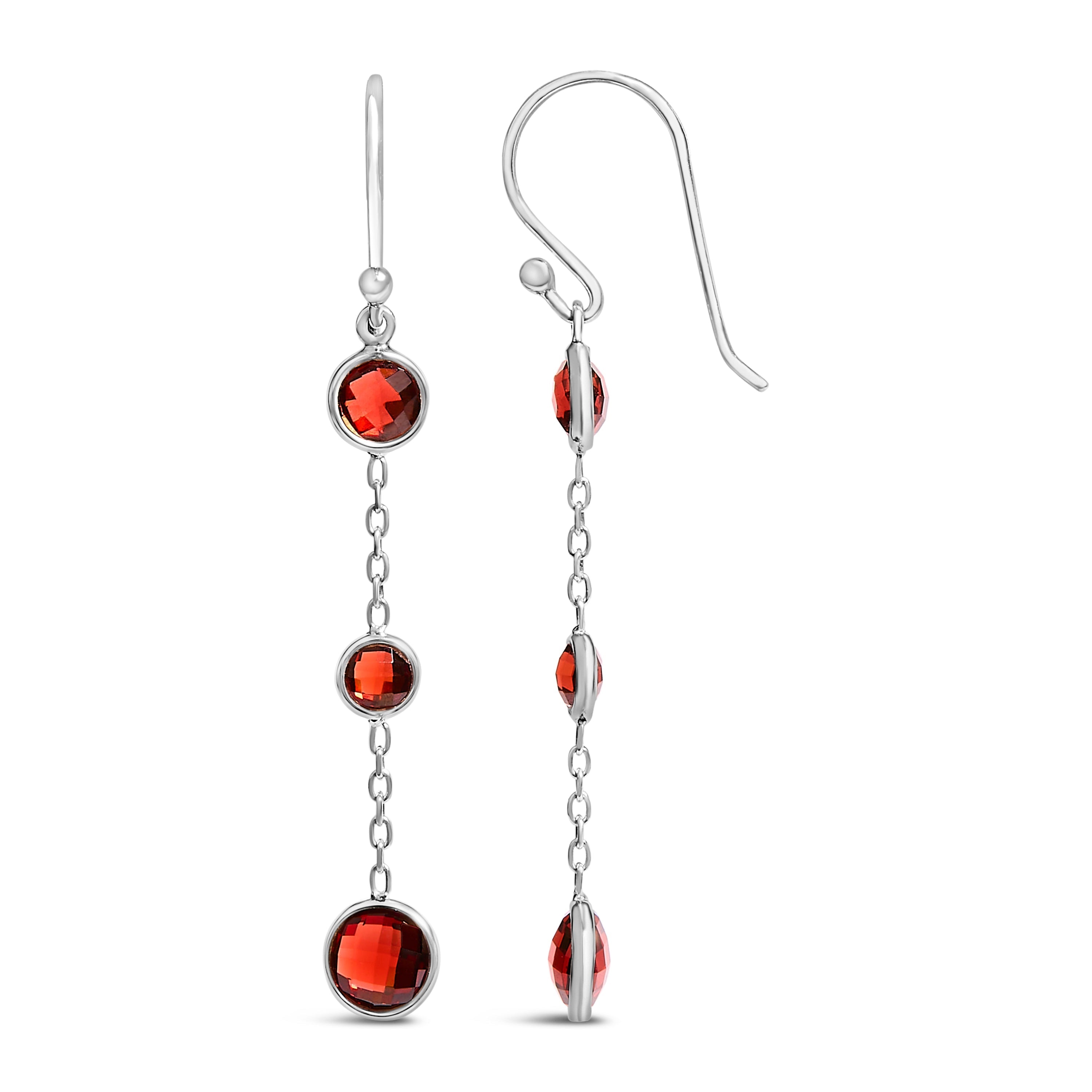 .925 Sterling Silver Graduating Bezel Set Red Garnet Dangle Earring DestGlow