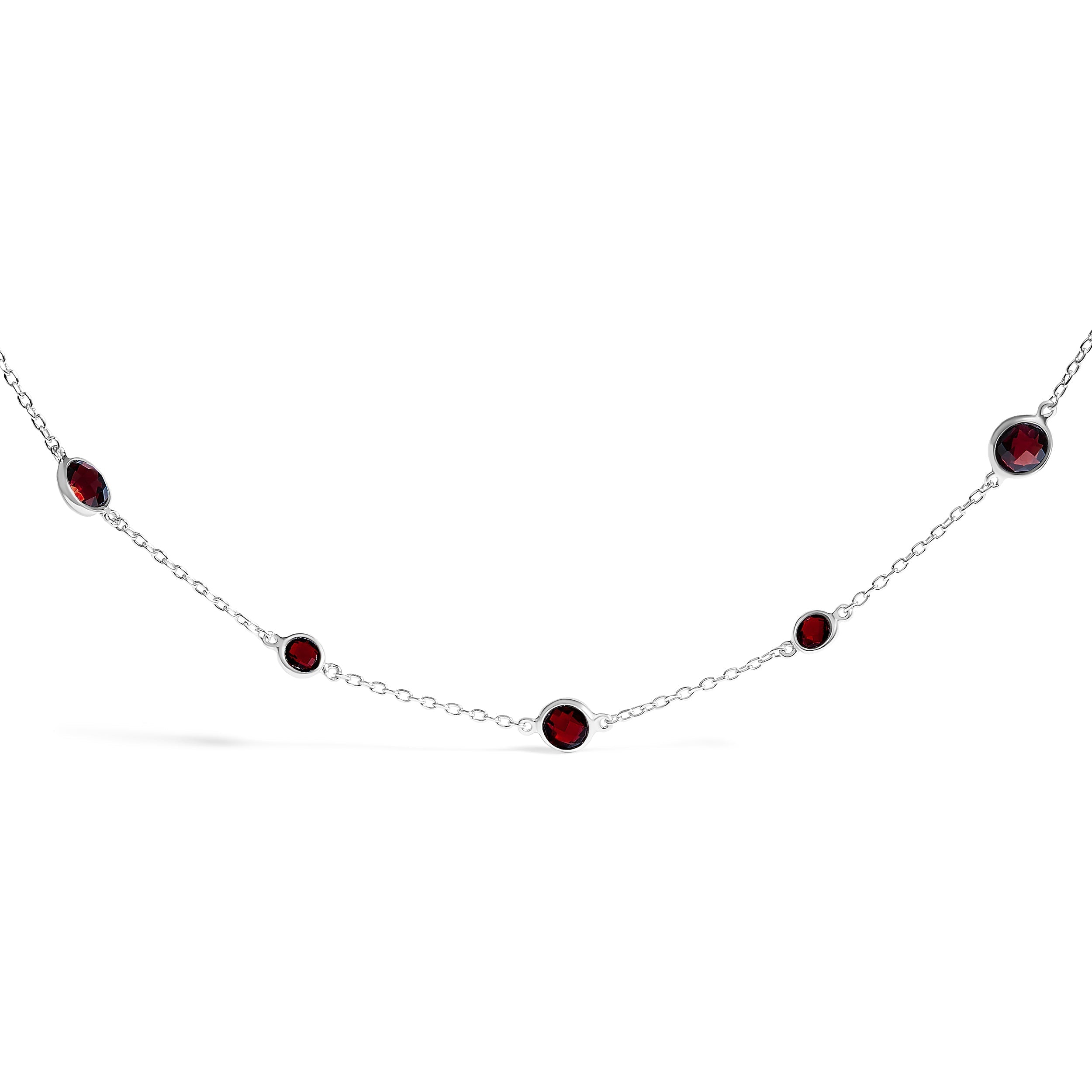 .925 Sterling Silver Checkerboard Cut Red Garnet Bezel Station Necklace - 22" Inches DestGlow