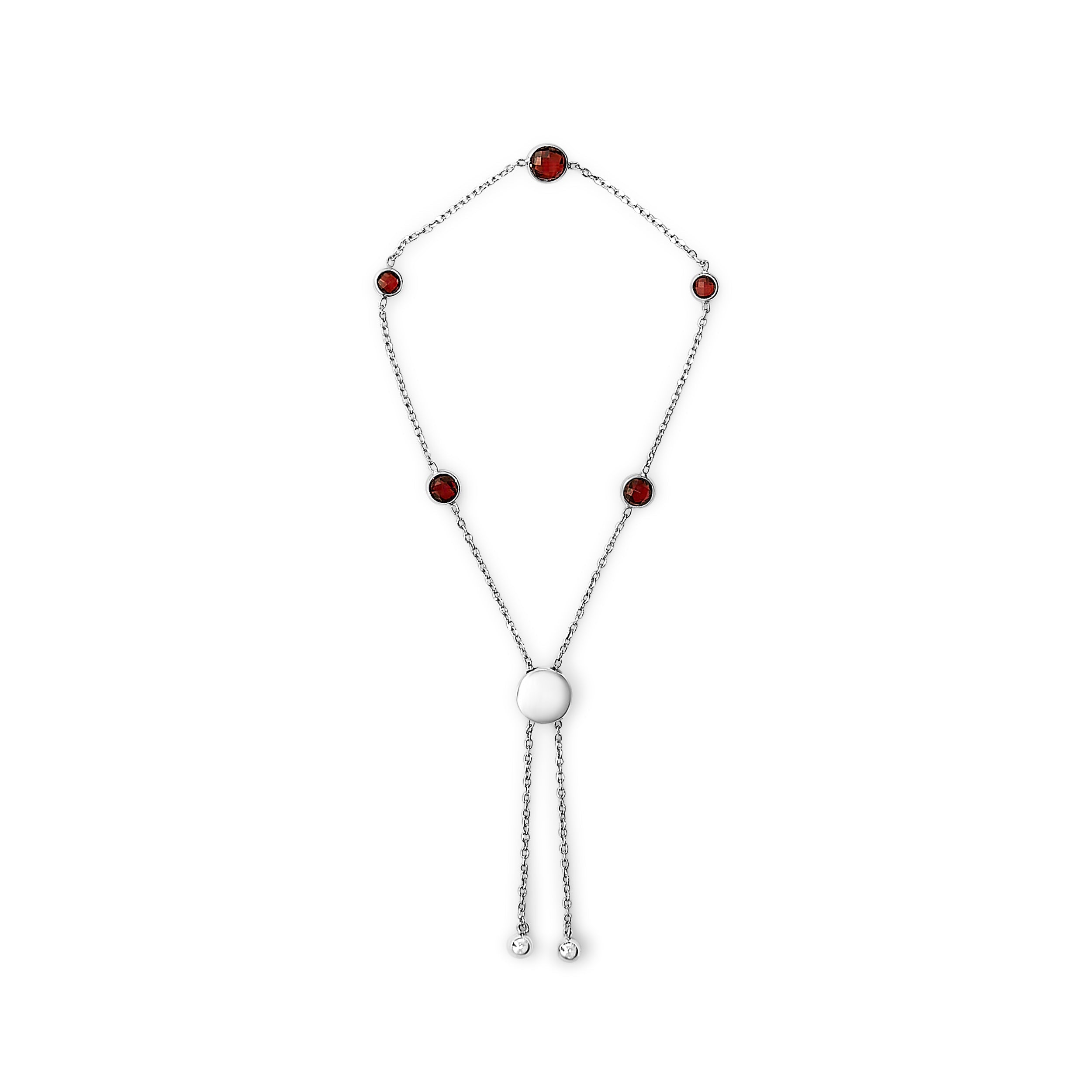 .925 Sterling Silver Bezel Set Red Garnet 5 Station Adjustable Bolo Bracelet DestGlow