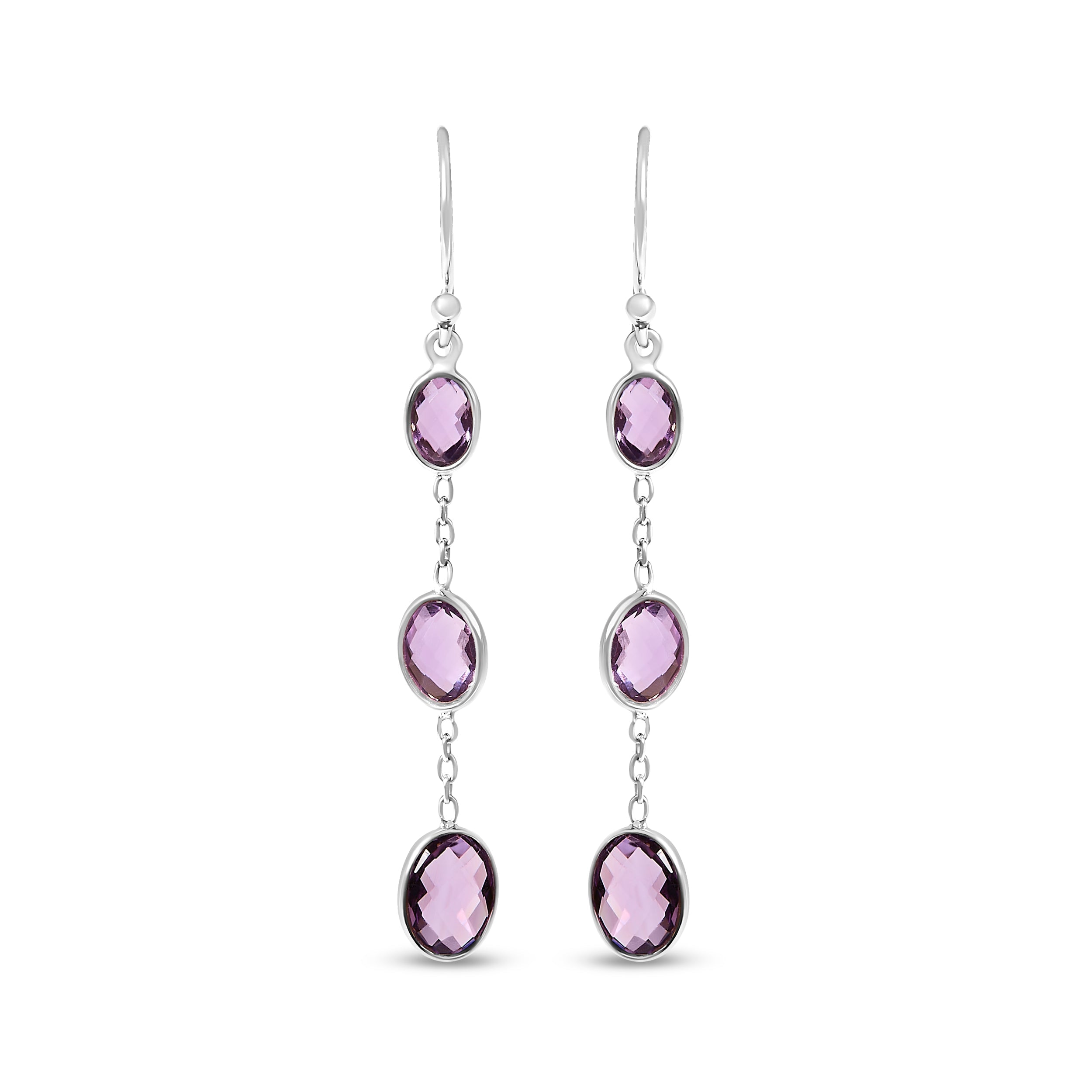 .925 Sterling Silver Checkerboard Cut Oval Purple Amethyst 2" Inch Drop and Dangle Earrings DestGlow