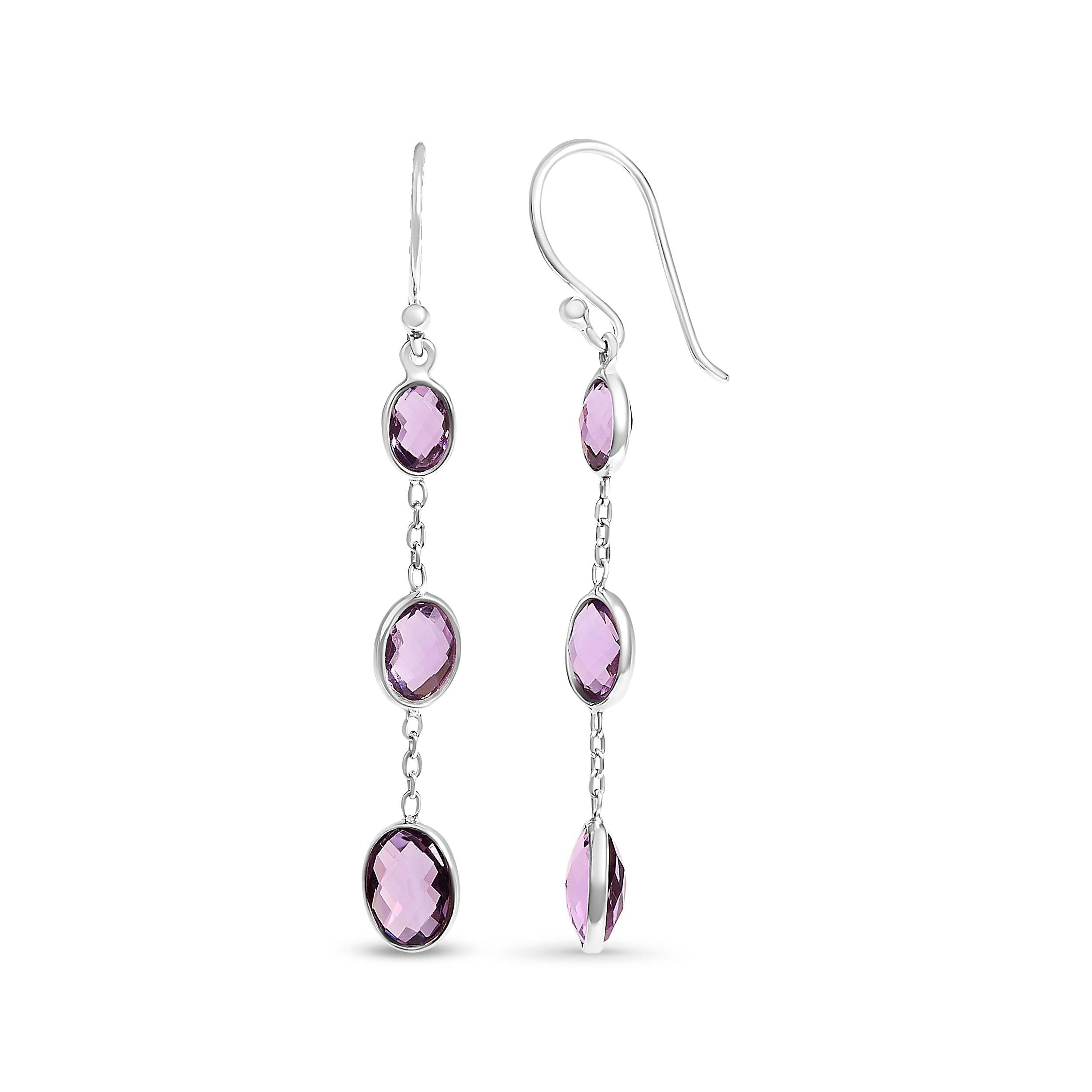.925 Sterling Silver Checkerboard Cut Oval Purple Amethyst 2" Inch Drop and Dangle Earrings DestGlow