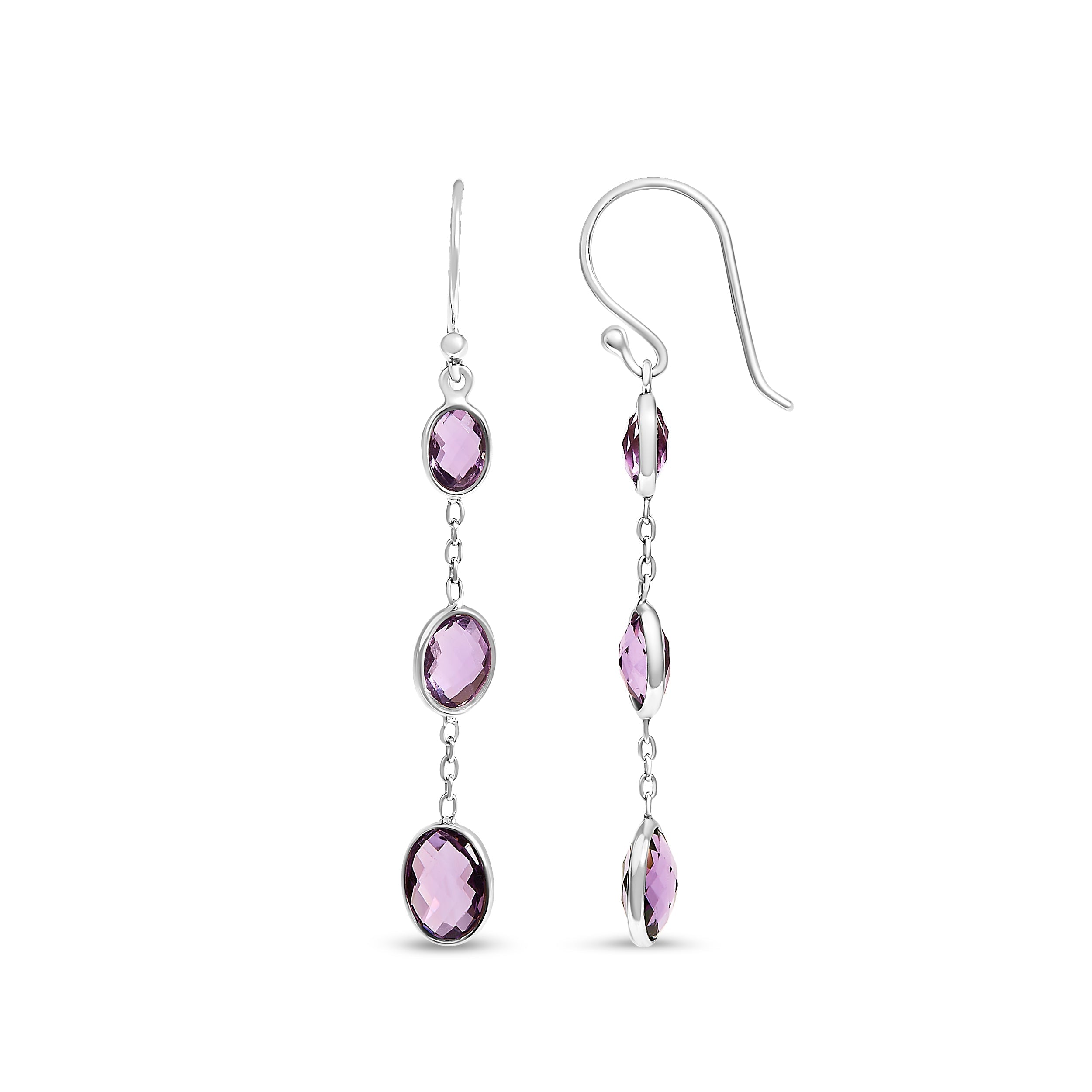 .925 Sterling Silver Checkerboard Cut Oval Purple Amethyst 2" Inch Drop and Dangle Earrings DestGlow