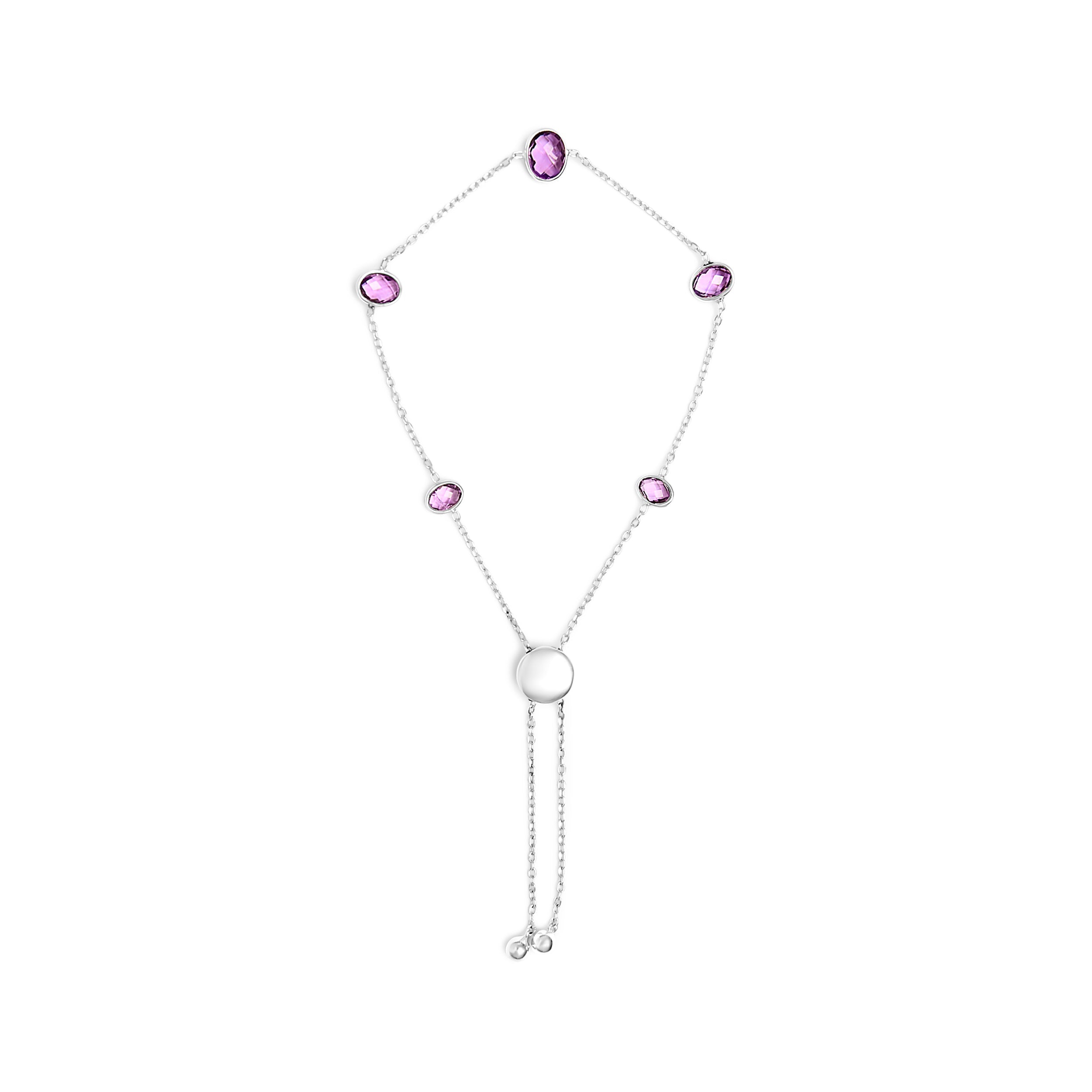 .925 Sterling Silver Bezel Set Purple Amethyst 5 Station Adjustable Bolo Bracelet DestGlow