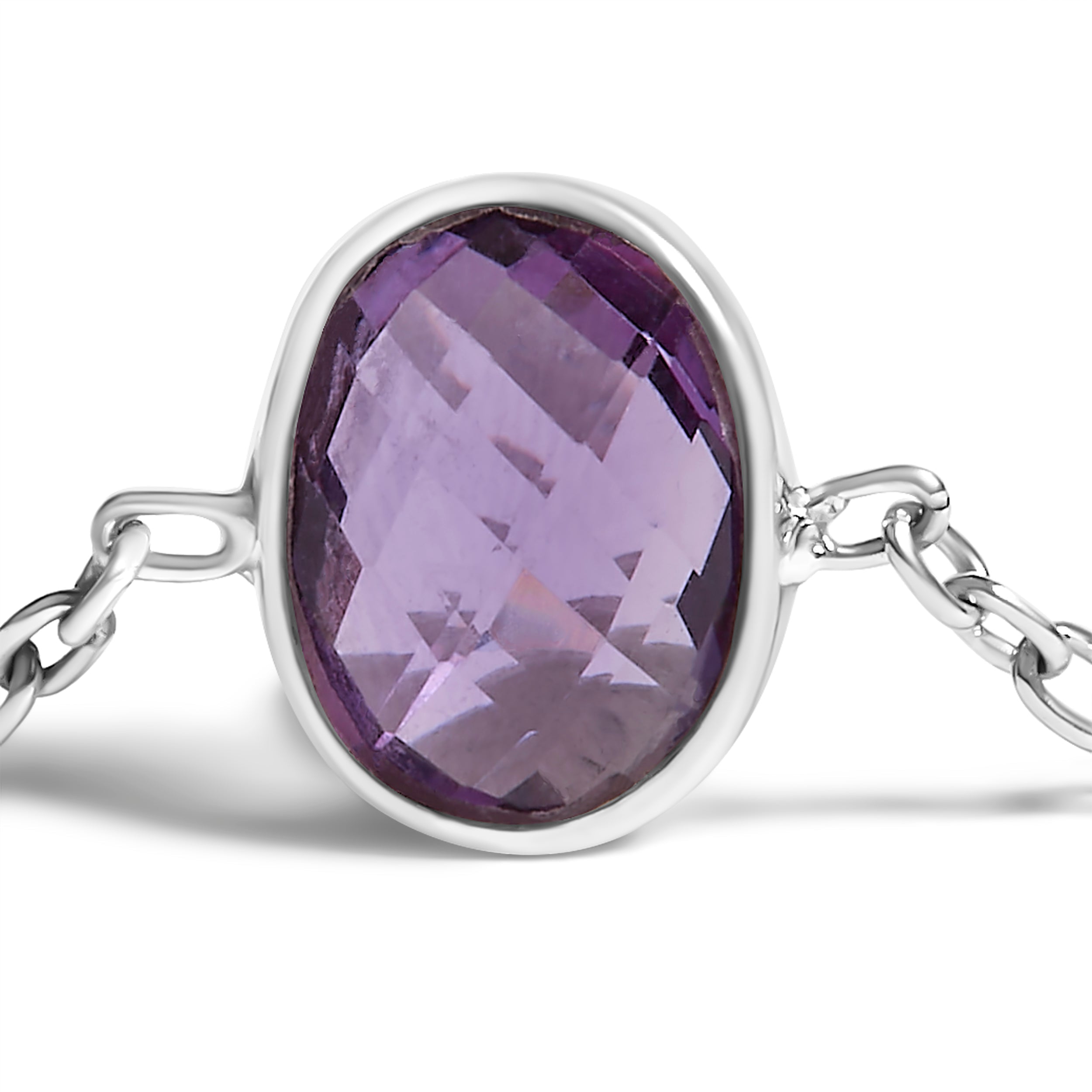 .925 Sterling Silver Bezel Set Purple Amethyst 5 Station Adjustable Bolo Bracelet DestGlow