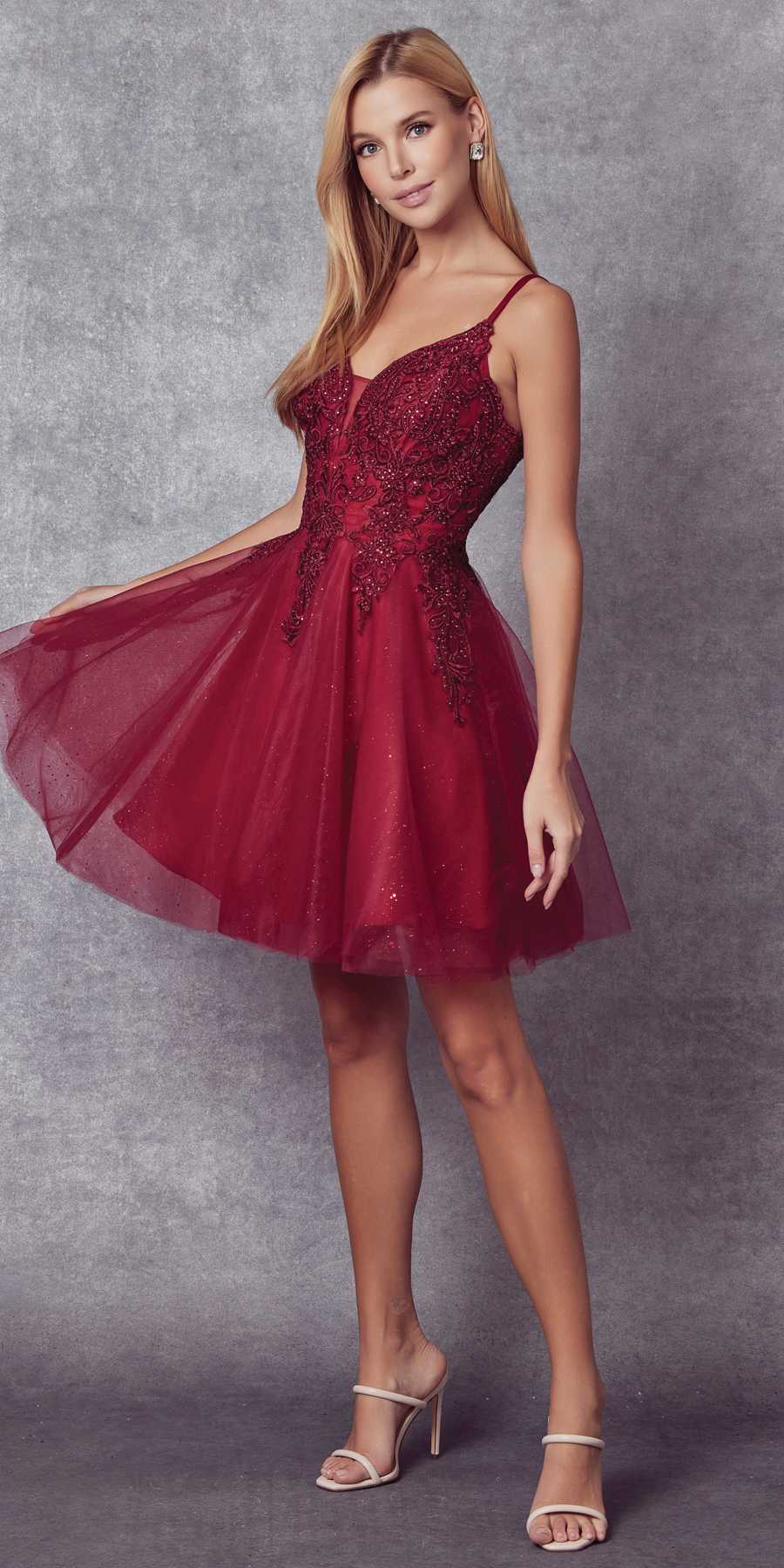 Juliet 857 Embroidered Top Short A-line Glitter Dress by DiscountDressShop