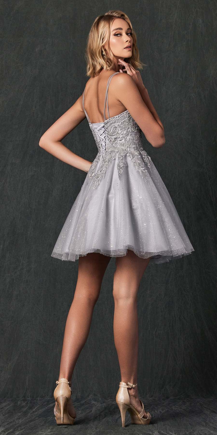 Juliet 857 Embroidered Top Short A-line Glitter Dress by DiscountDressShop