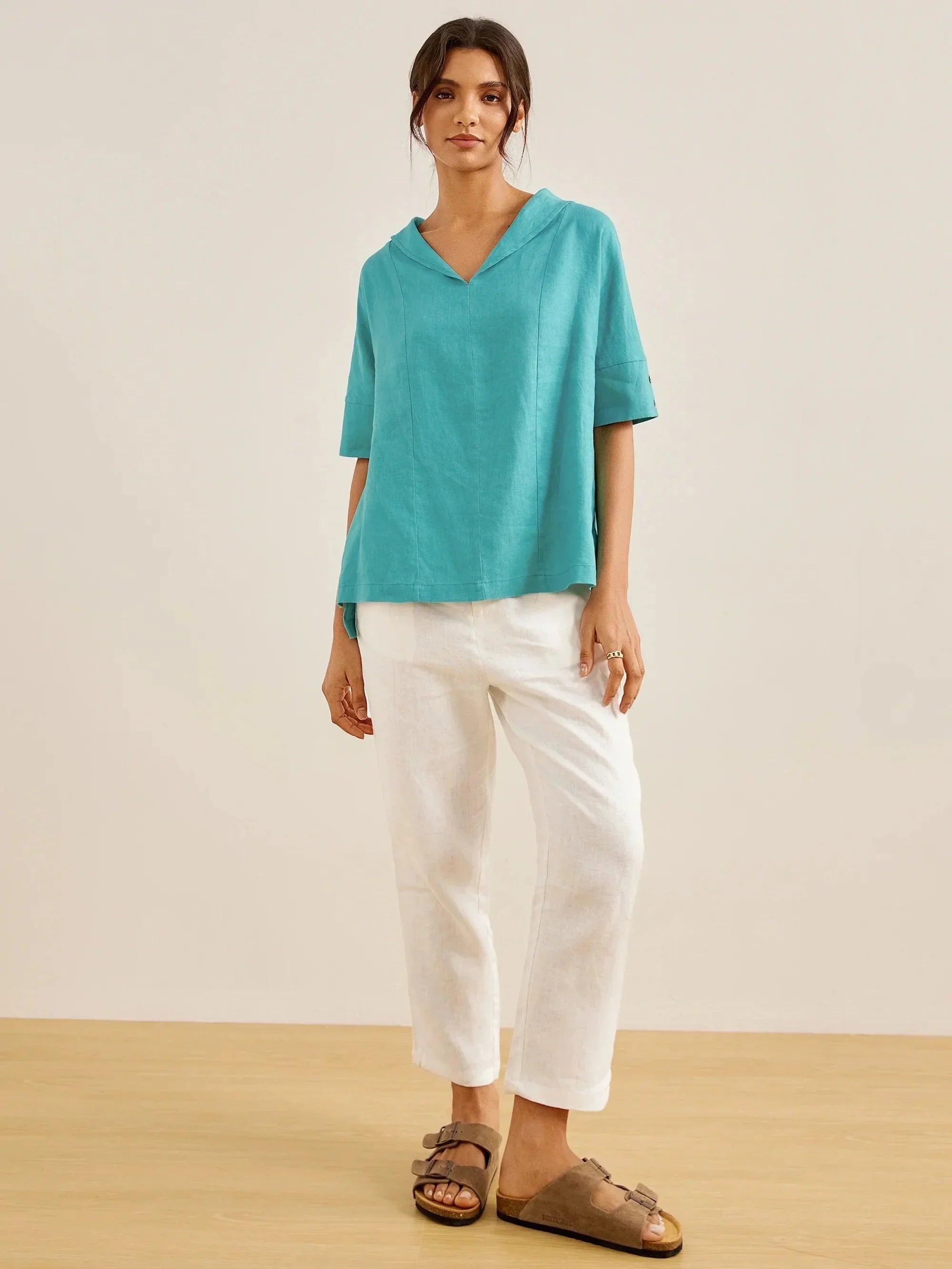 Linen V Neck Short Sleeve Shirt SIERRA