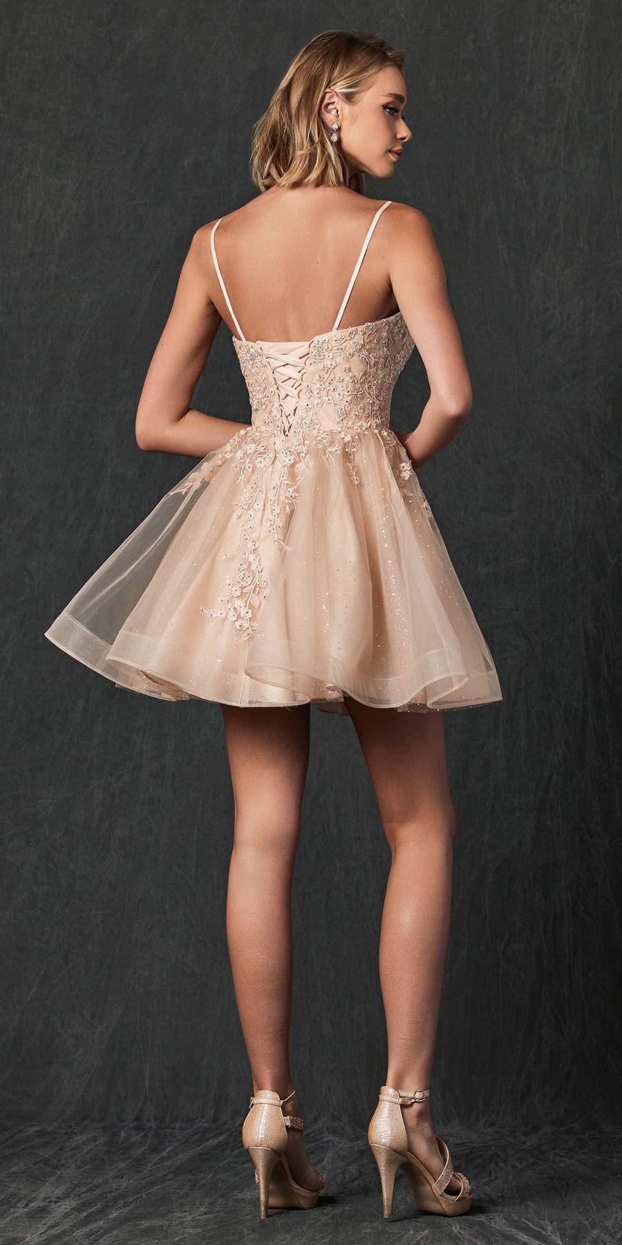 Juliet 859 Short Floral Applique Glitter Tulle A-Line Dress by DiscountDressShop