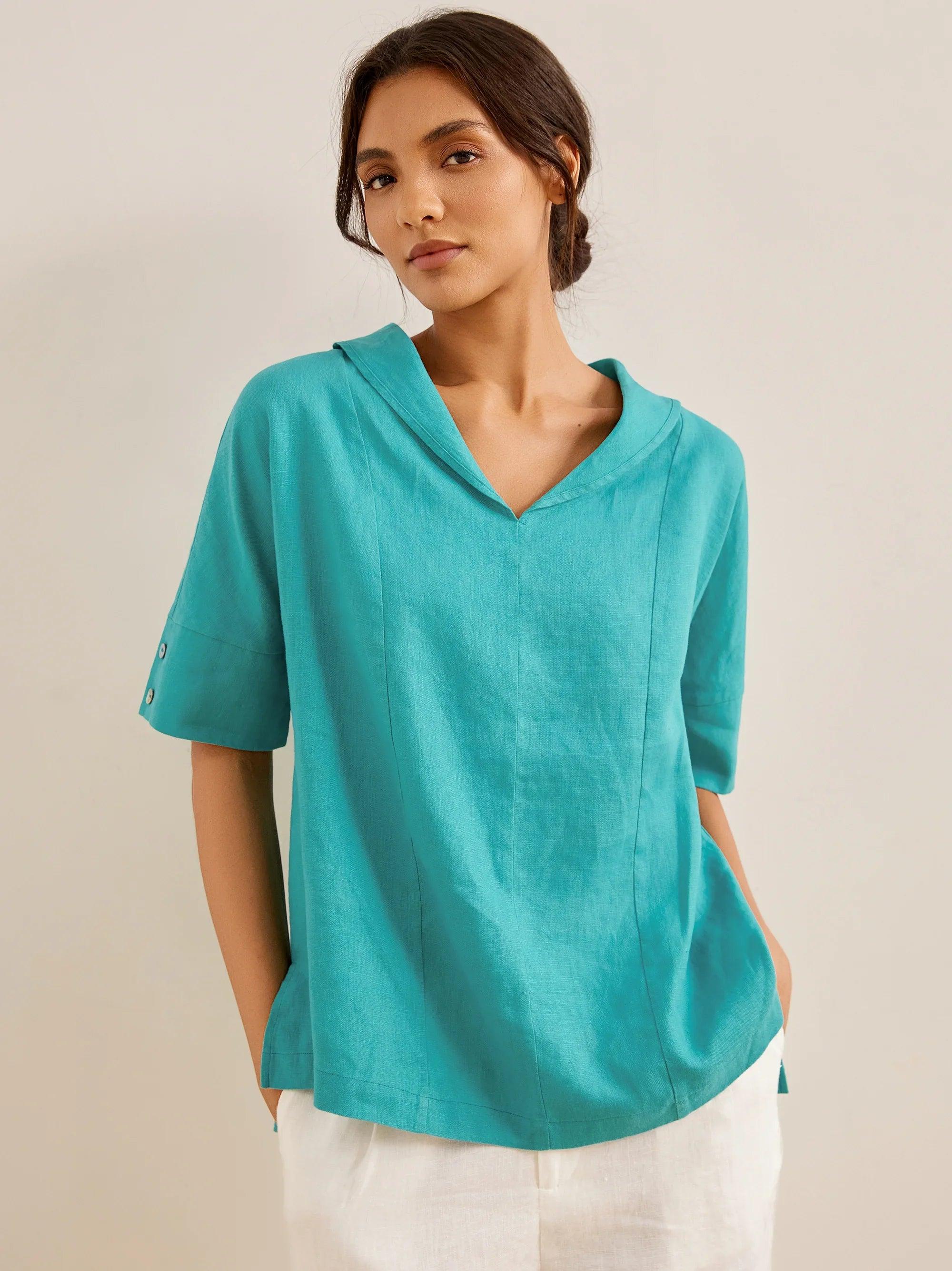 Linen V Neck Short Sleeve Shirt SIERRA