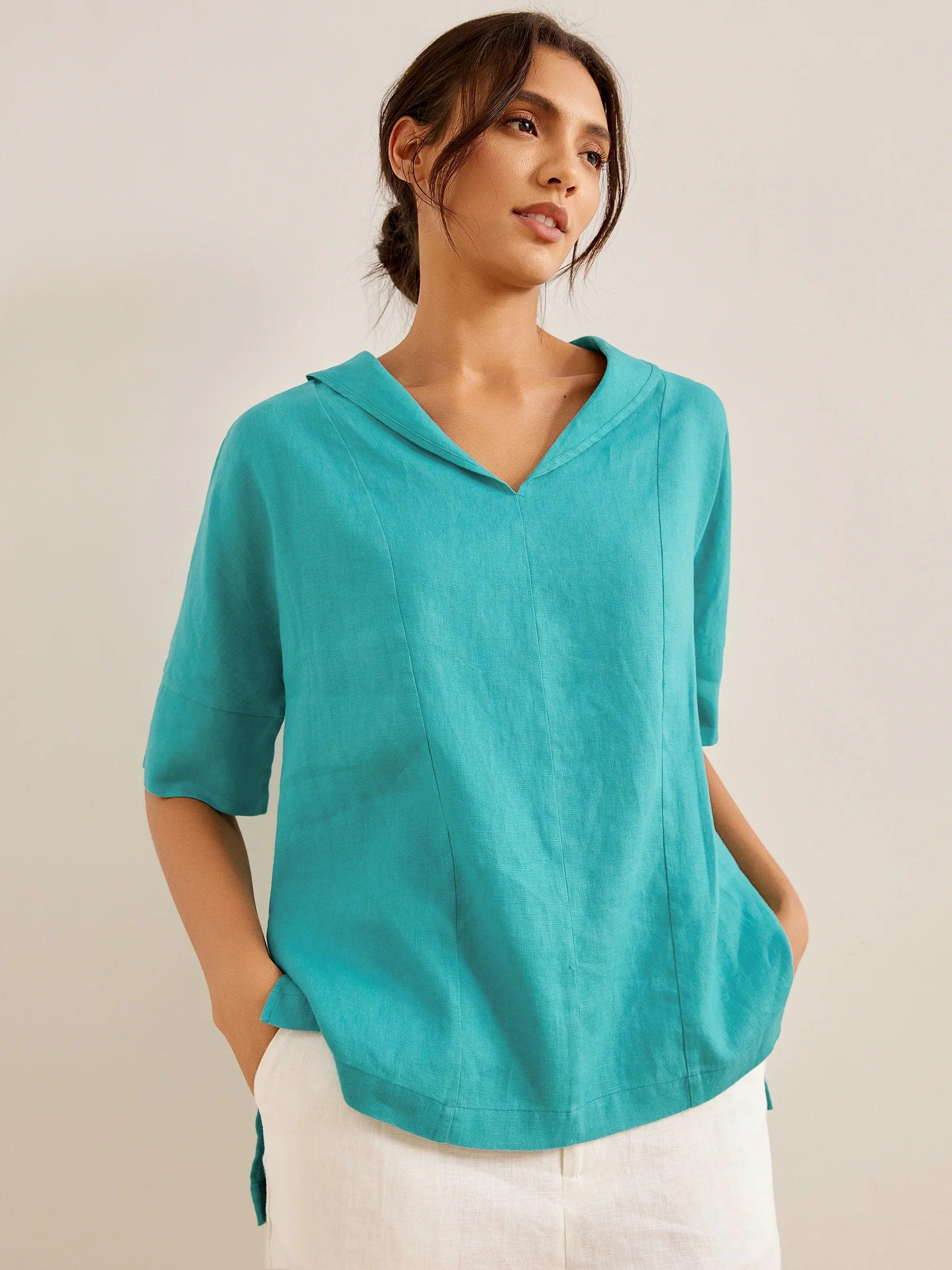 Linen V-Neck Short-Sleeve Shirt SIERRA DestGlow