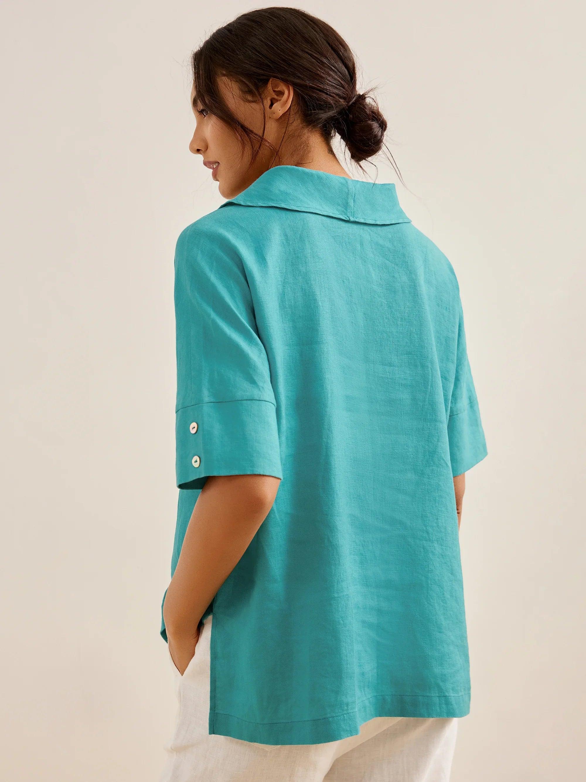 Linen V-Neck Short-Sleeve Shirt SIERRA DestGlow