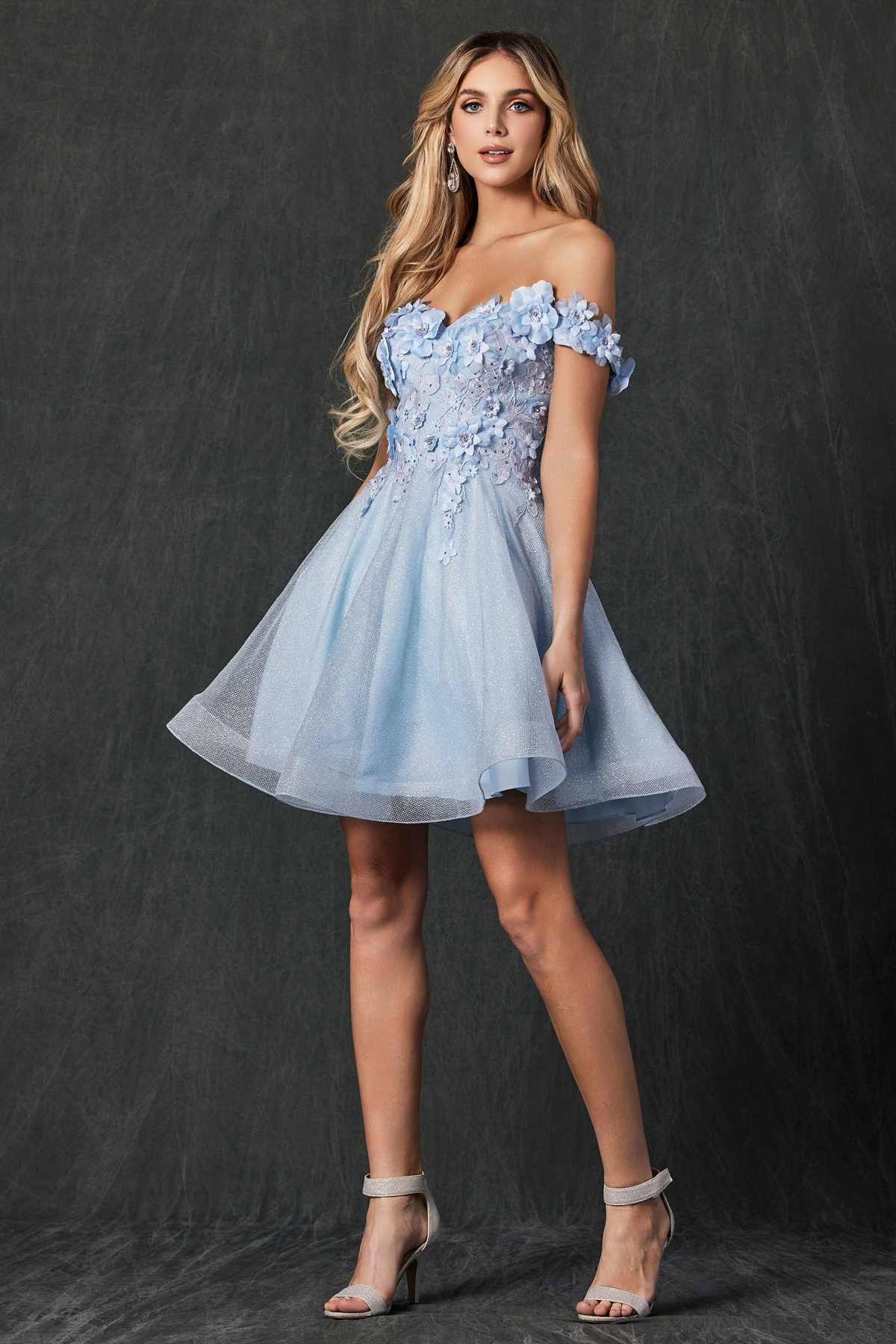 Juliet 861 Floral Embroidered Glitter Mesh Short A-Line Dress by DiscountDressShop