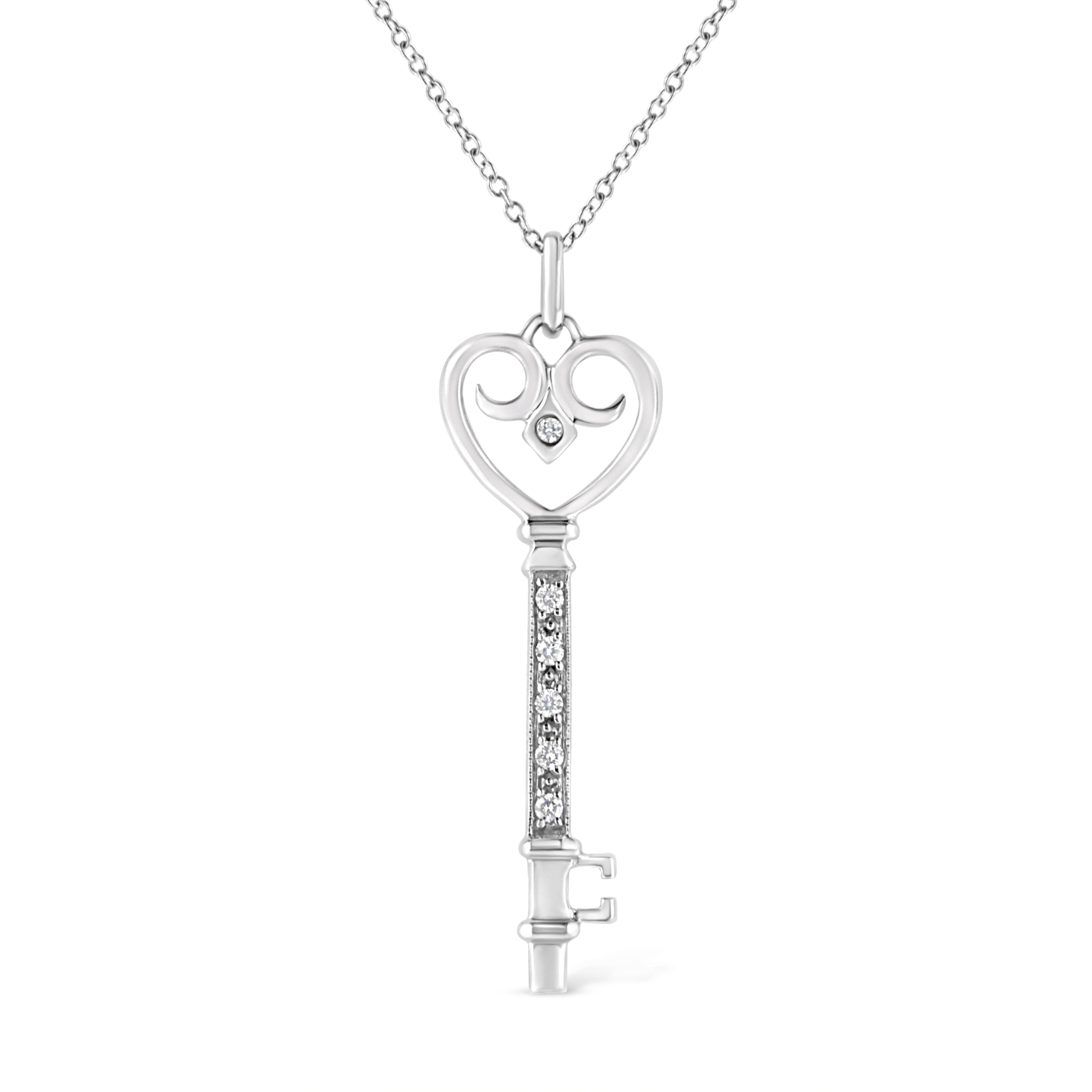 .925 Sterling Silver Pave and Bezel-Set Diamond Accent Key 18" Heart and Lock Pendant Necklace (K-L Color, I1-I2 Clarity) by Bids.com