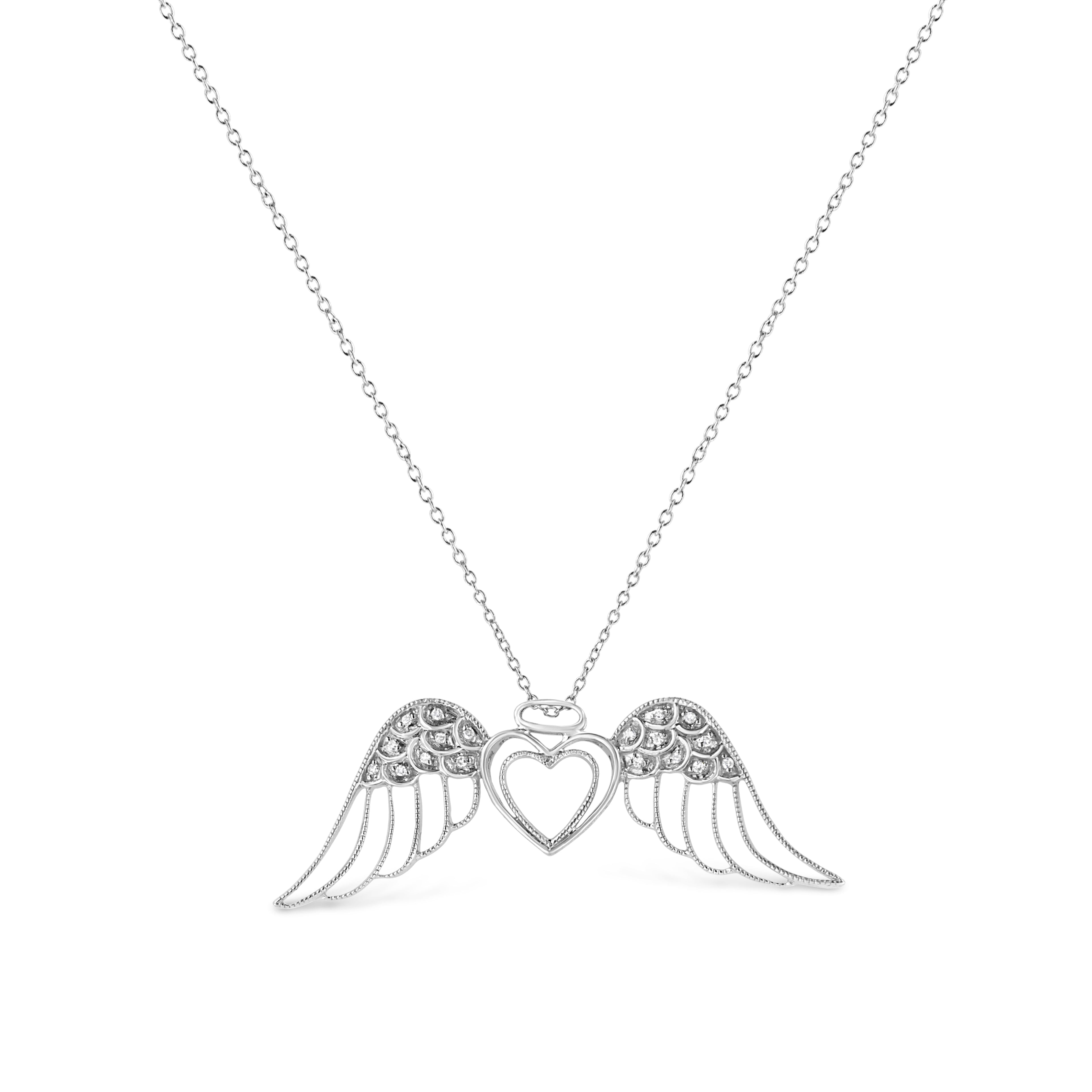 .925 Sterling Silver Pave-Set Diamond Accent Angel Wing 18" Double Heart Pendant Necklace (I-J Color, I1-I2 Clarity) by Bids.com