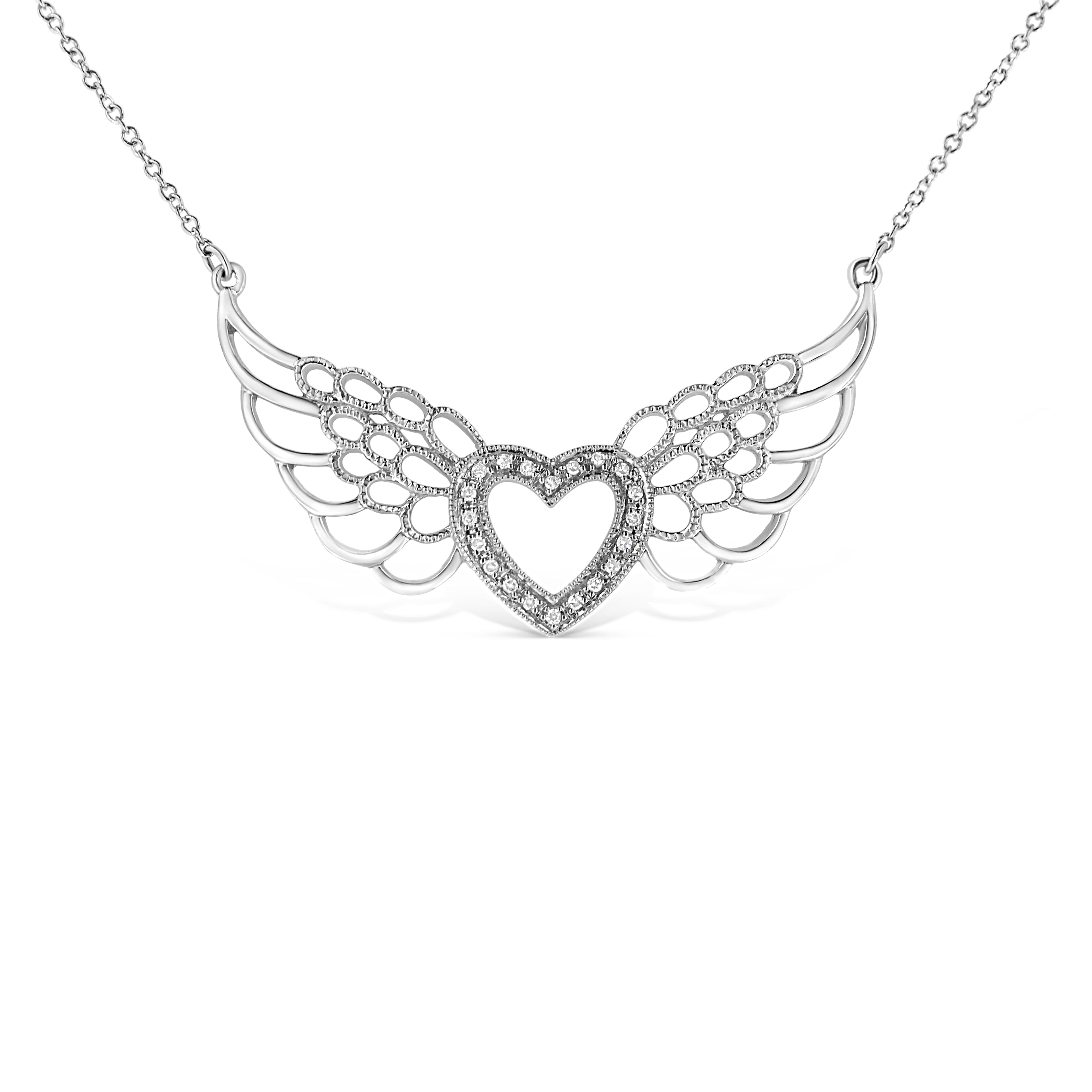 .925 Sterling Silver Pave-Set Diamond Accent Fairy Wing 18" Heart Pendant Necklace (I-J Color, I1-I2 Clarity) by Bids.com