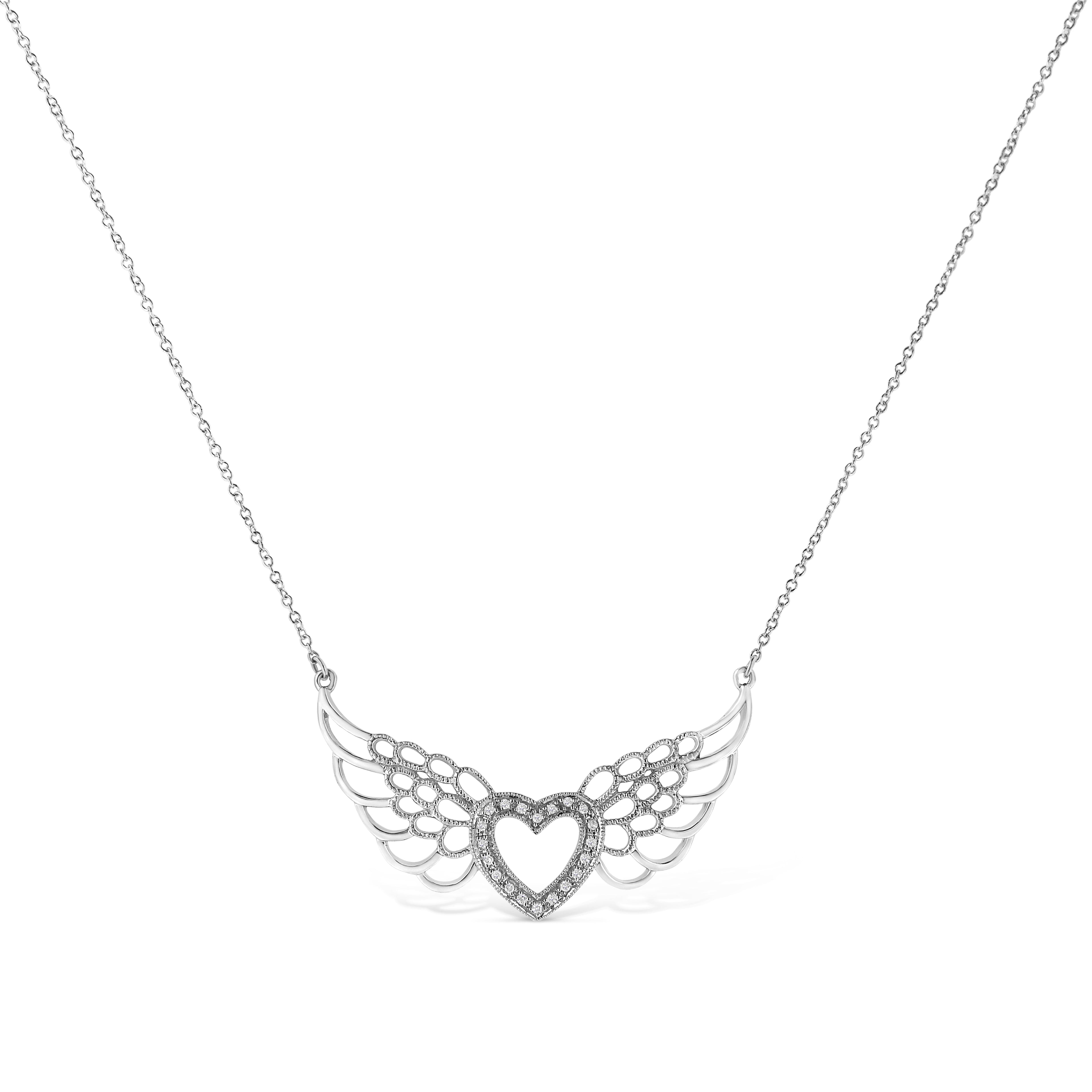 .925 Sterling Silver Pave-Set Diamond Accent Fairy Wing 18" Heart Pendant Necklace (I-J Color, I1-I2 Clarity) by Bids.com