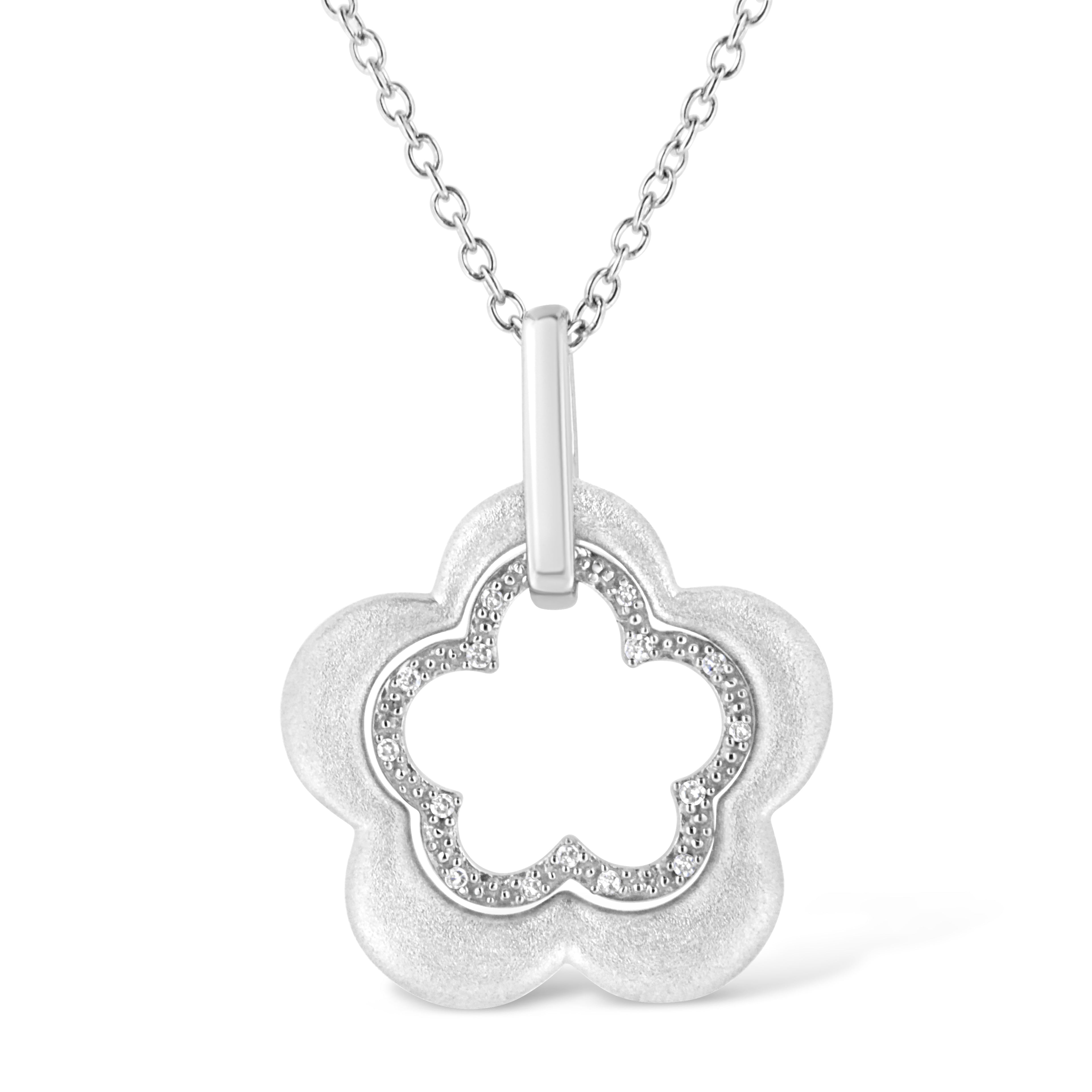 Matte Finished .925 Sterling Silver Diamond Accent Double Flower Shape 18" Satin Finished Pendant Necklace (I-J Color, I1-I2 Clarity) DestGlow
