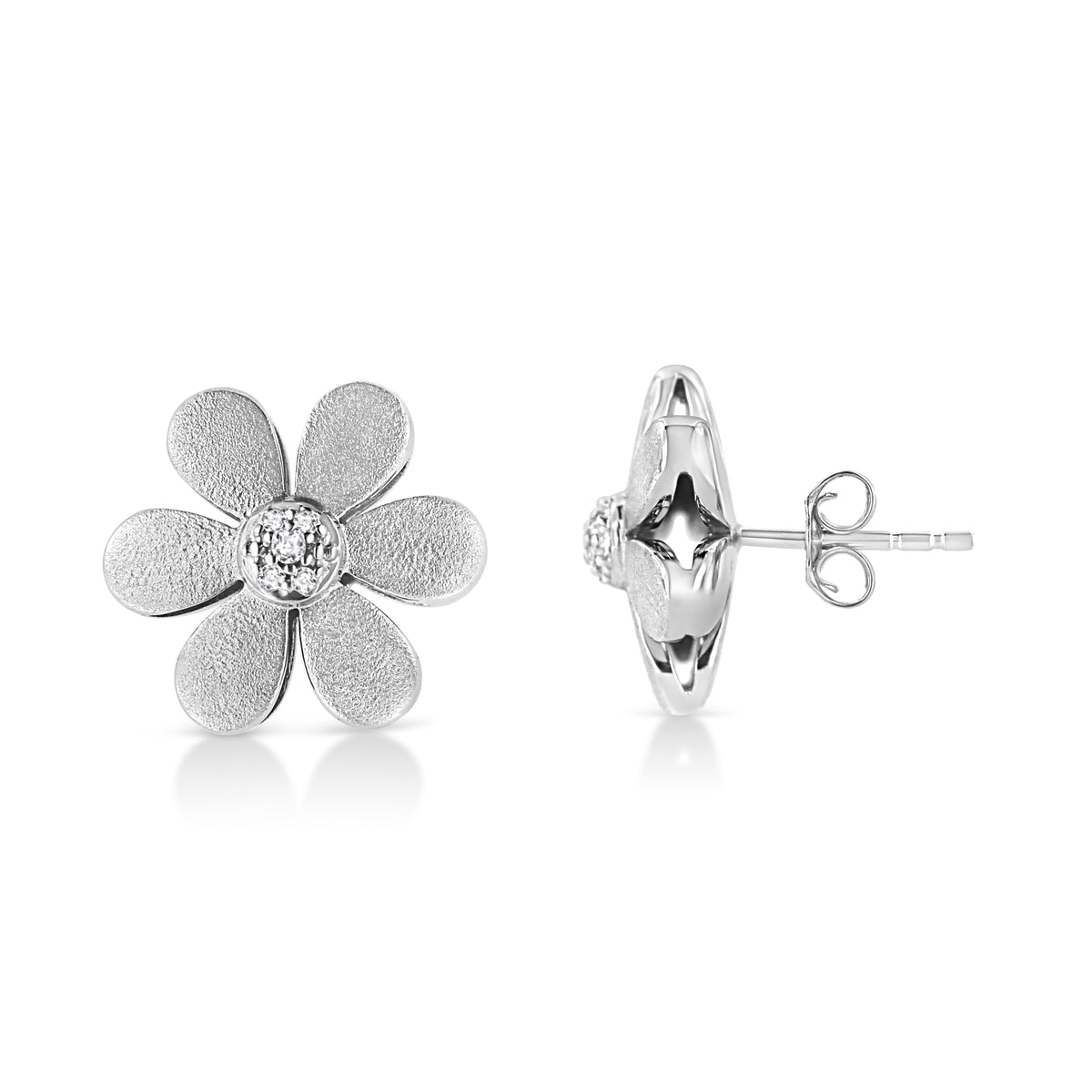 Matte Finished .925 Sterling Silver Diamond Accent Flower Hoop Stud Earring (I-J Color, I1-I2 Clarity) DestGlow