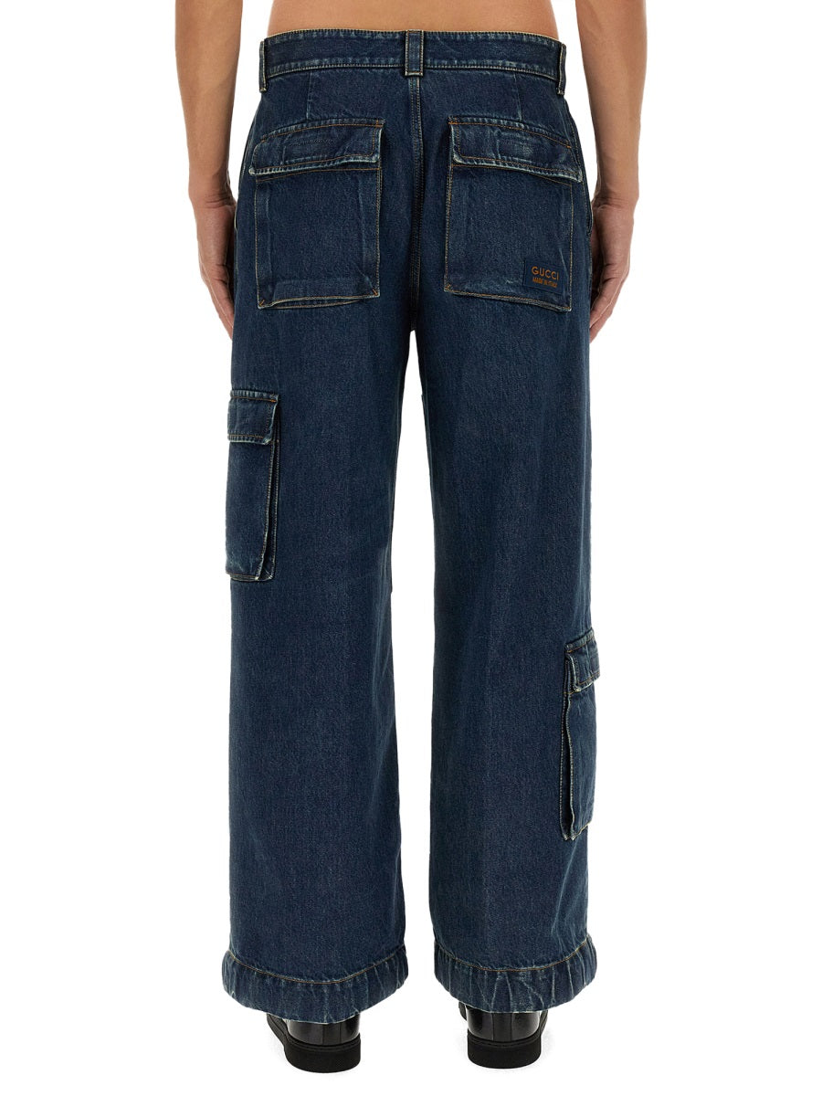 Gucci Men Denim Pants With Gucci Label DestGlow