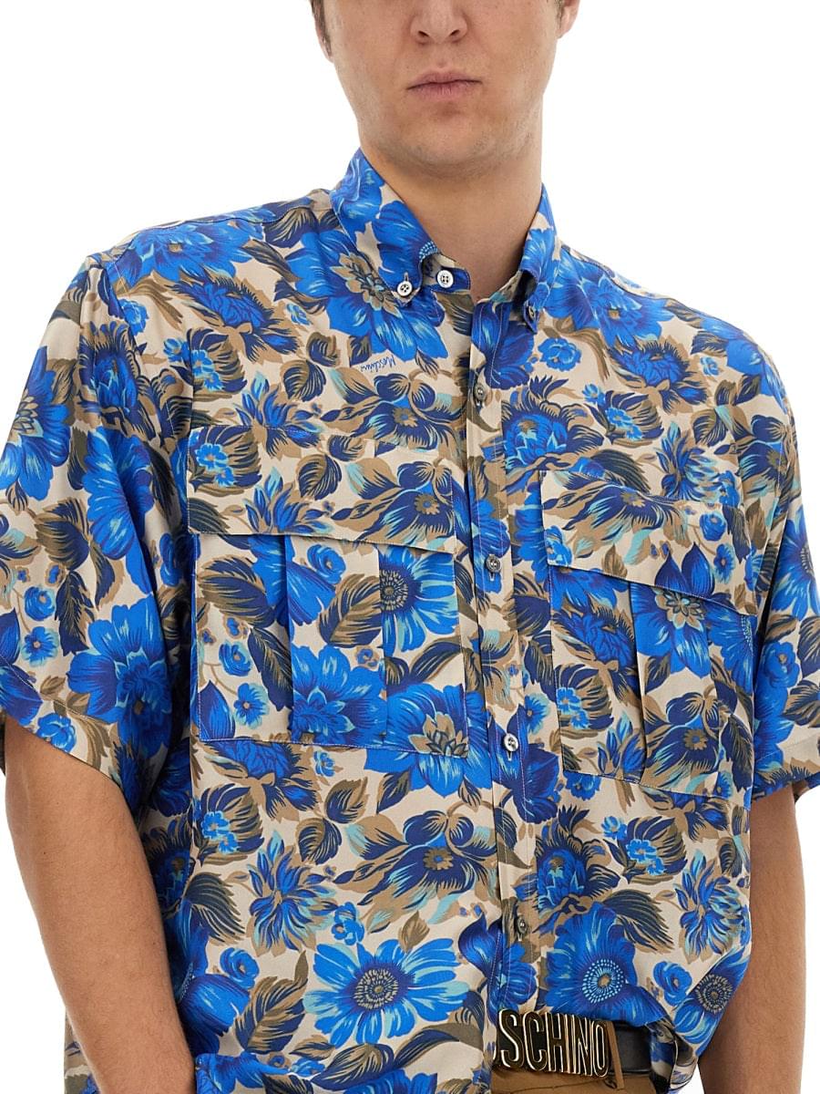 Moschino Men Blue Flowers Allover Print Shirt DestGlow