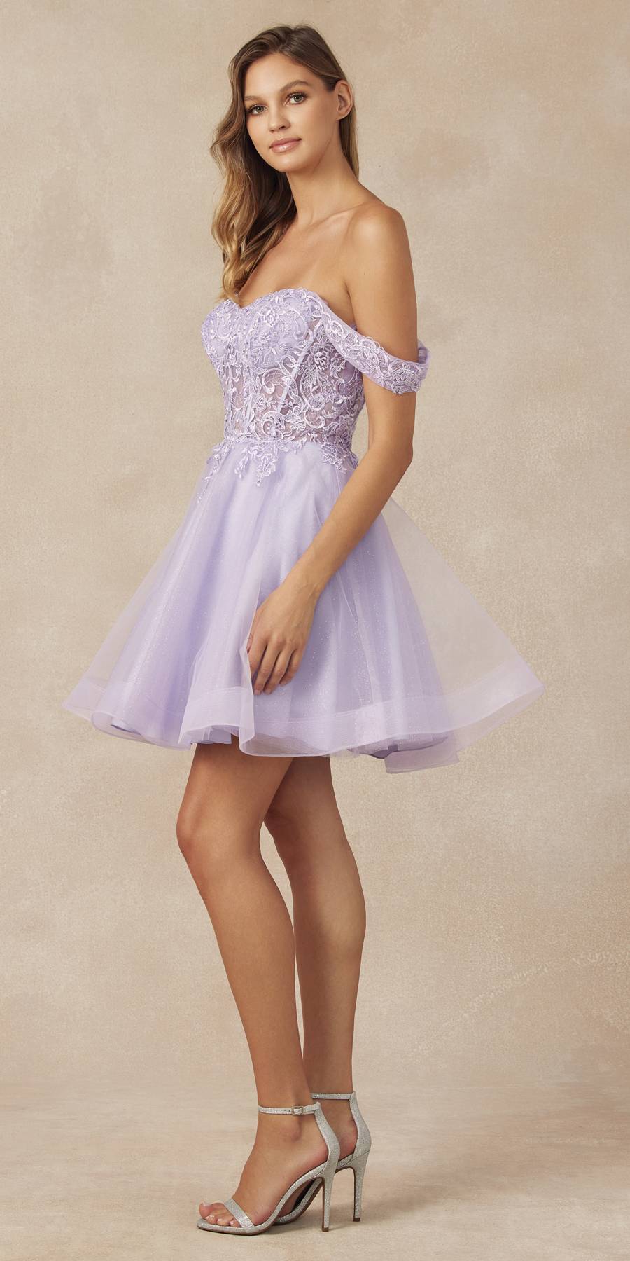 Juliet 880 Glitter Tulle A-Line Cold-Shoulder Homecoming Dress. by DiscountDressShop