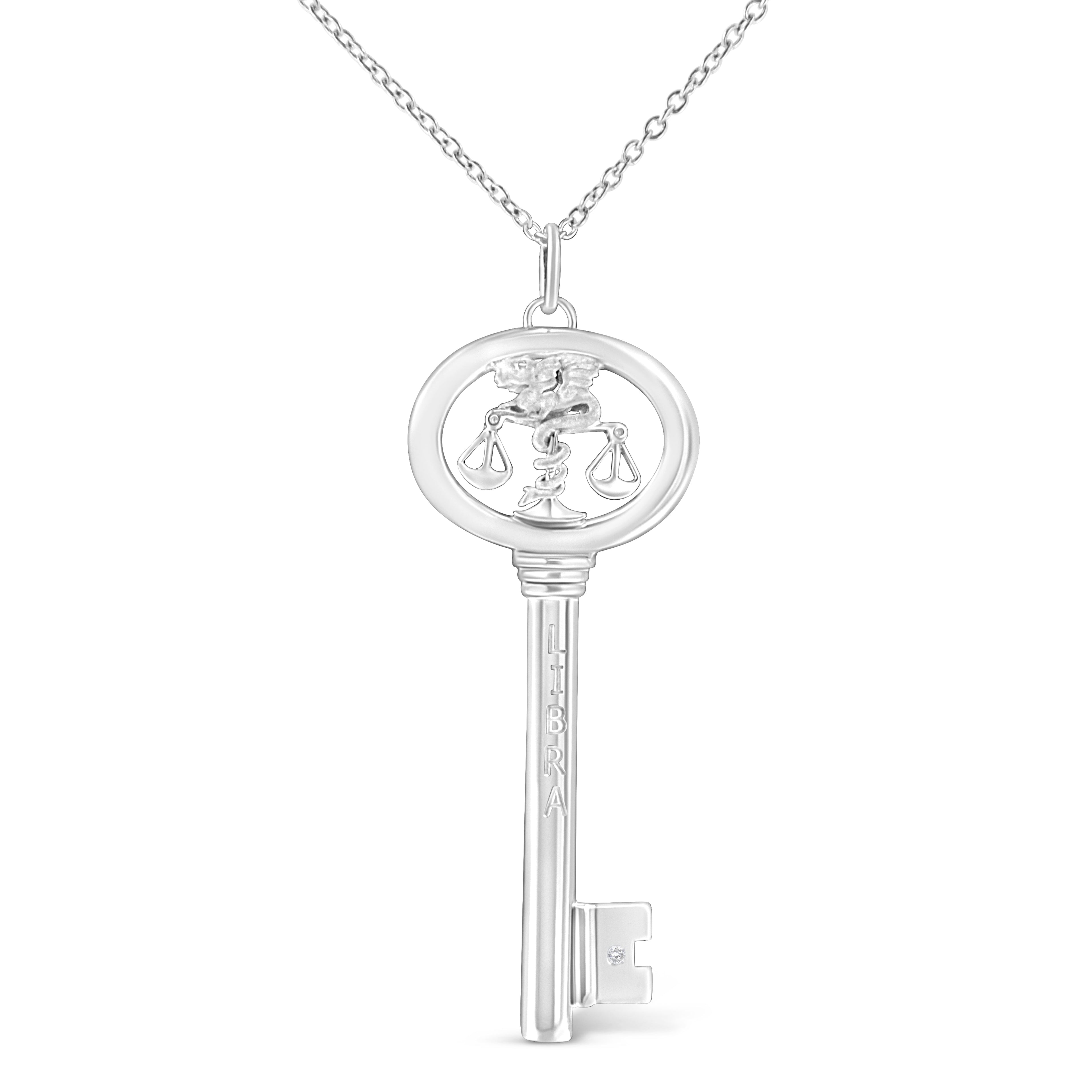 .925 Sterling Silver Diamond Accent Virgo Zodiac Key 18" Pendant Necklace (K-L Color, I1-I2 Clarity) DestGlow