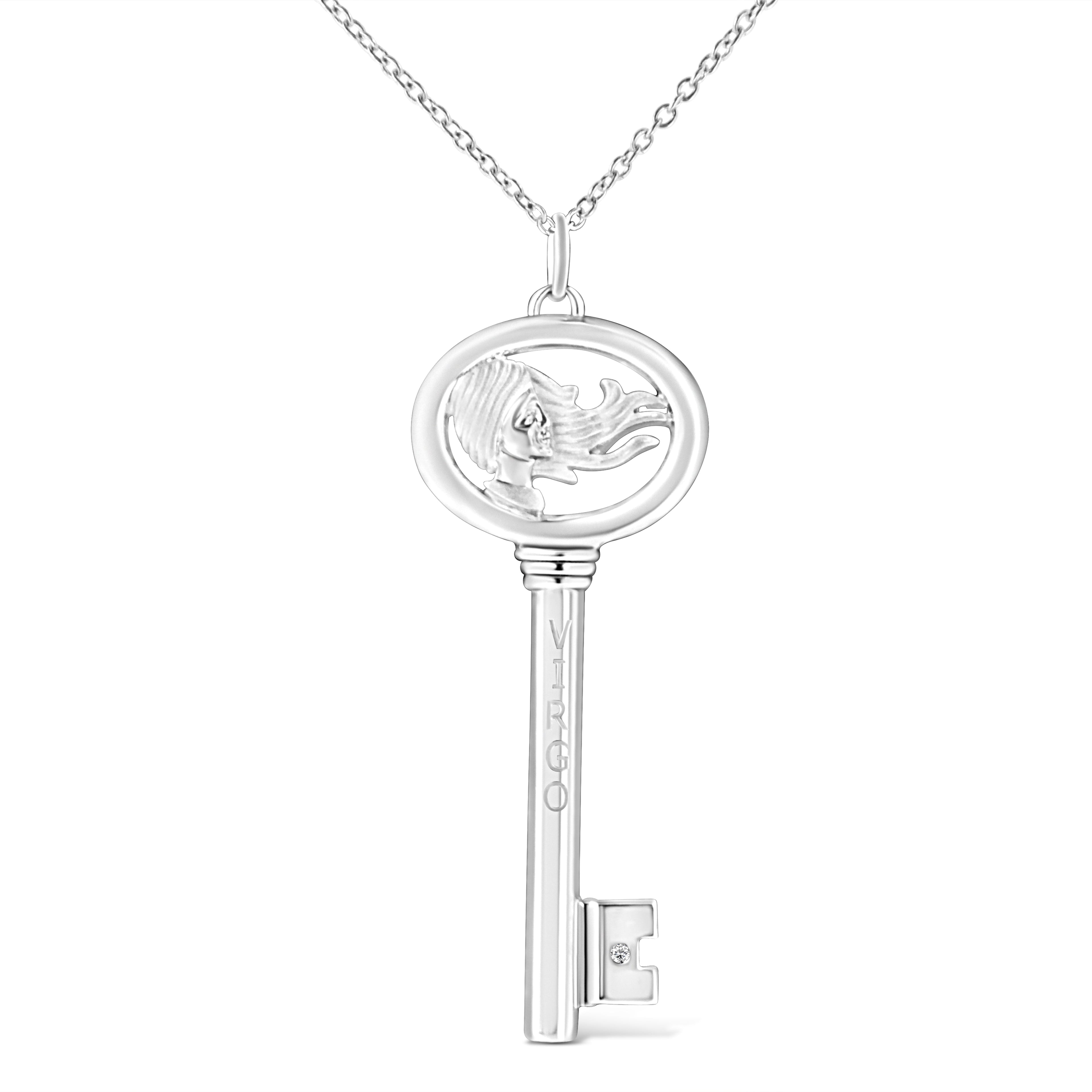 .925 Sterling Silver Diamond Accent Virgo Zodiac Key 18" Pendant Necklace (K-L Color, I1-I2 Clarity) DestGlow