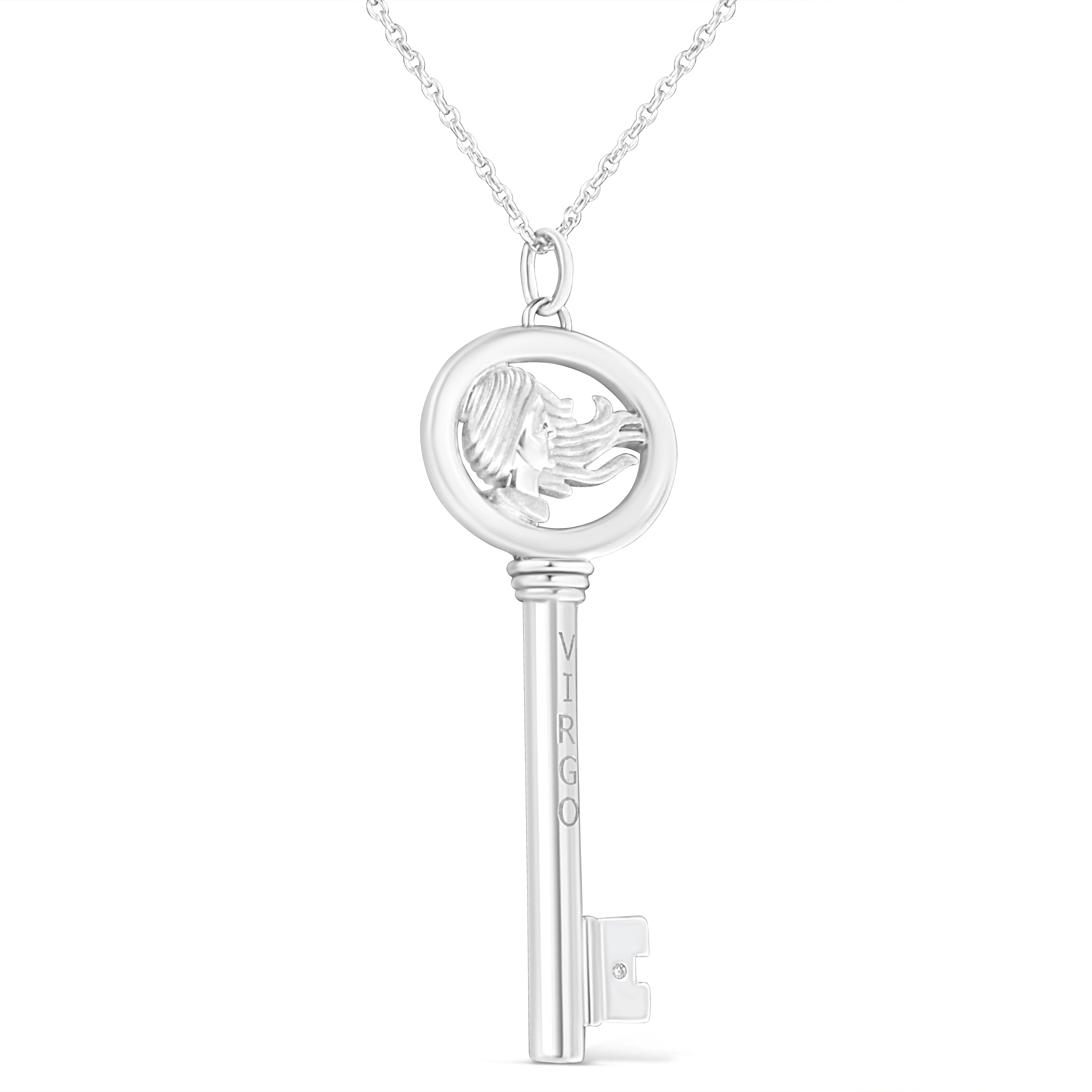 .925 Sterling Silver Diamond Accent Virgo Zodiac Key 18" Pendant Necklace (K-L Color, I1-I2 Clarity) DestGlow