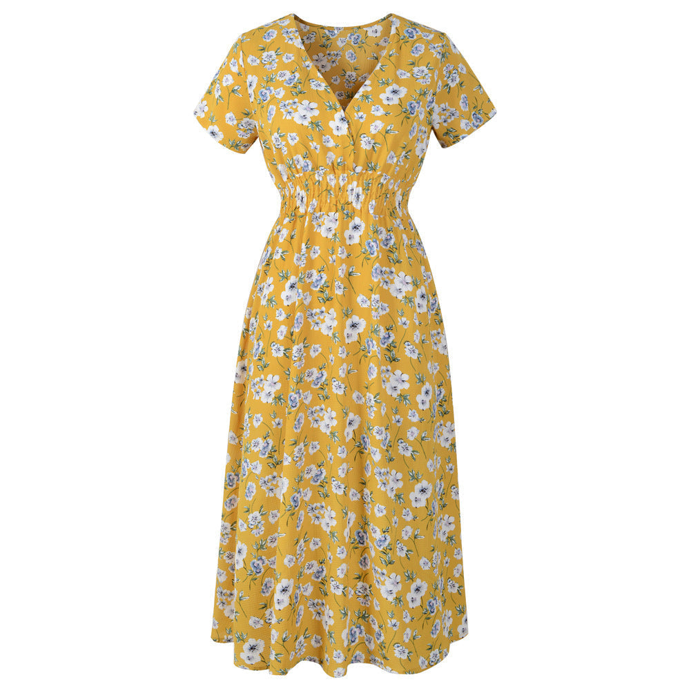 Spring Summer Chiffon Beach Dress Printed V neck Short Sleeve Dress Bohemian Dress DestGlow