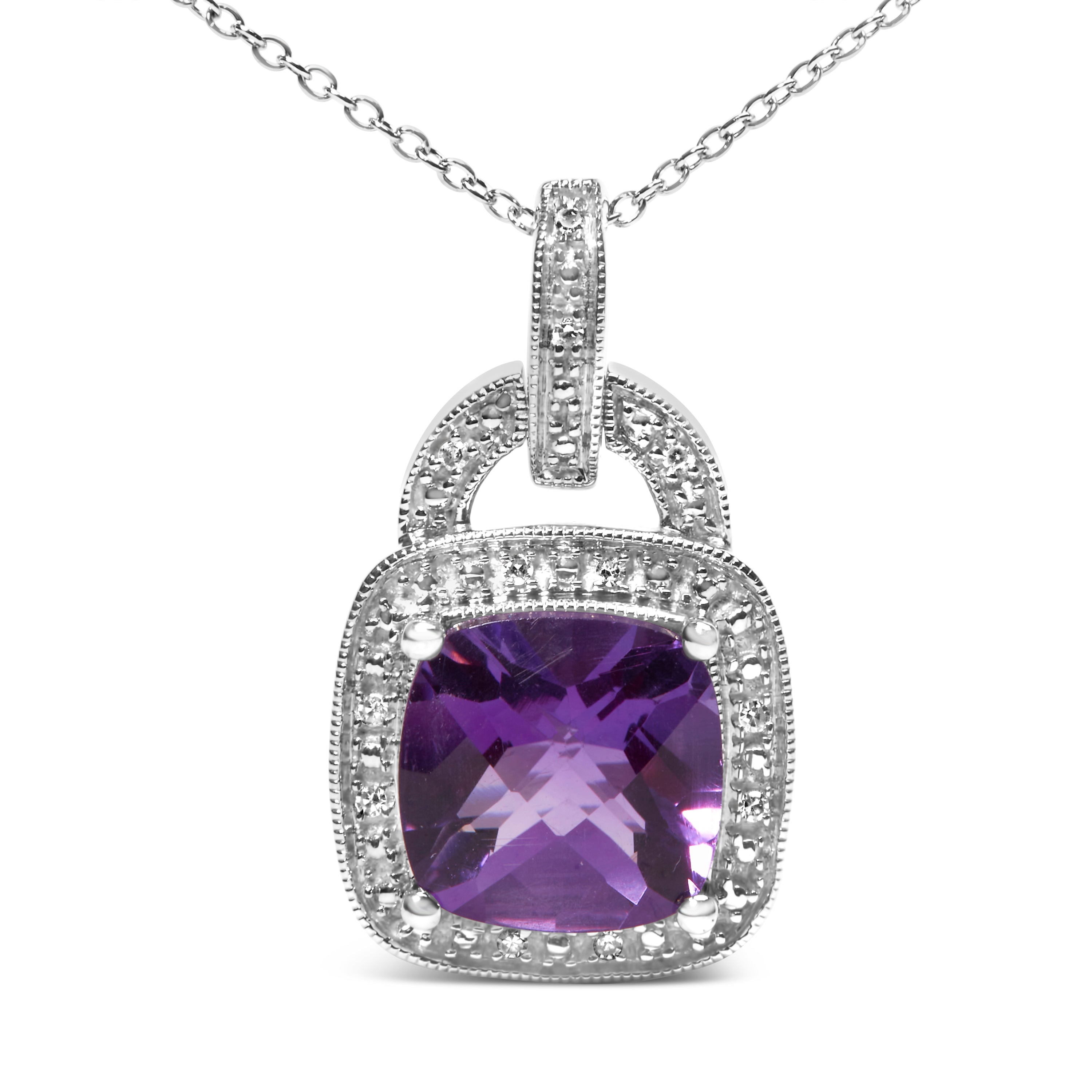 .925 Sterling Silver 10X10 MM Cushion Purple Amethyst and Diamond Accent Halo 18" Pendant Necklace (I-J Color, I1-I2 Clarity) DestGlow