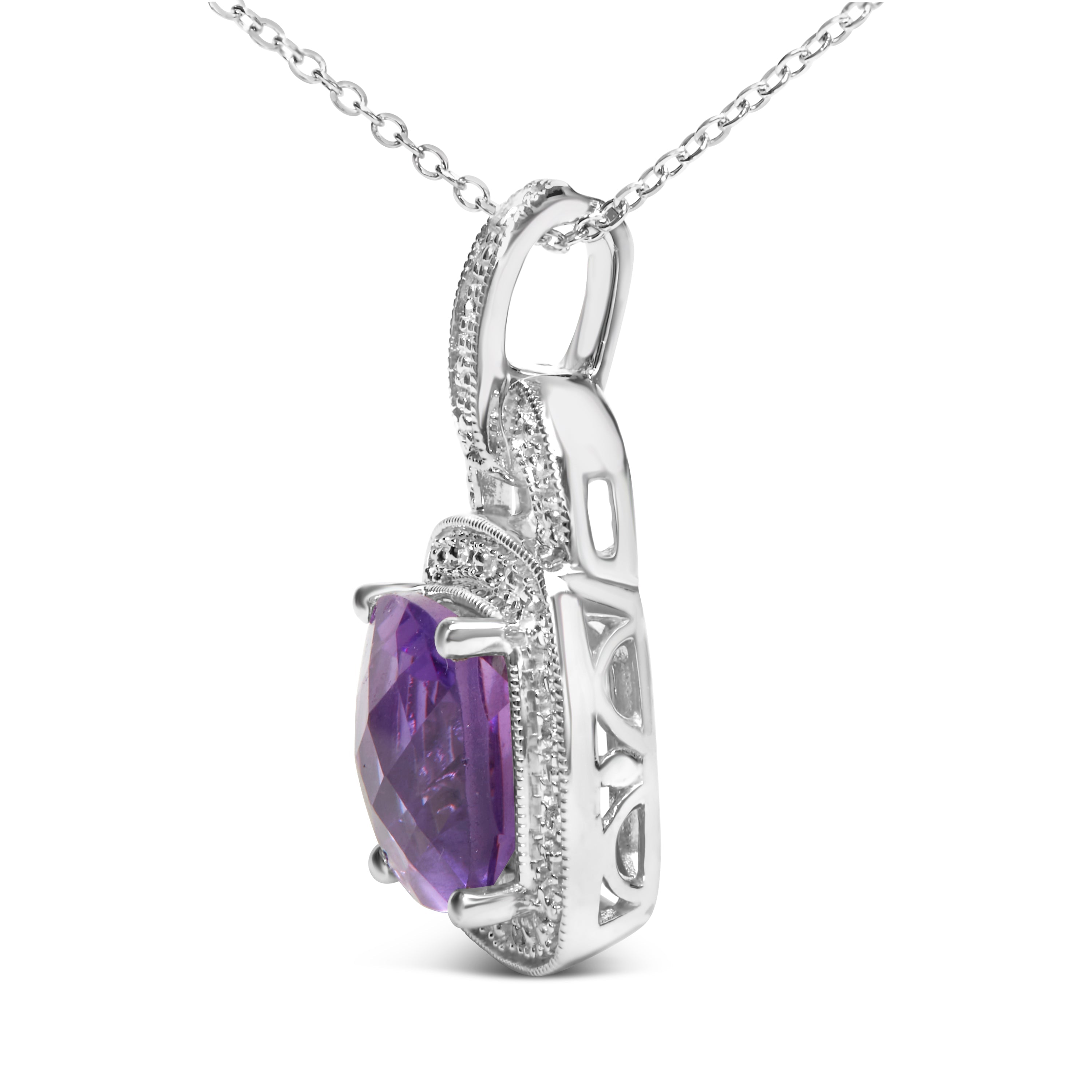 .925 Sterling Silver 10X10 MM Cushion Purple Amethyst and Diamond Accent Halo 18" Pendant Necklace (I-J Color, I1-I2 Clarity) DestGlow