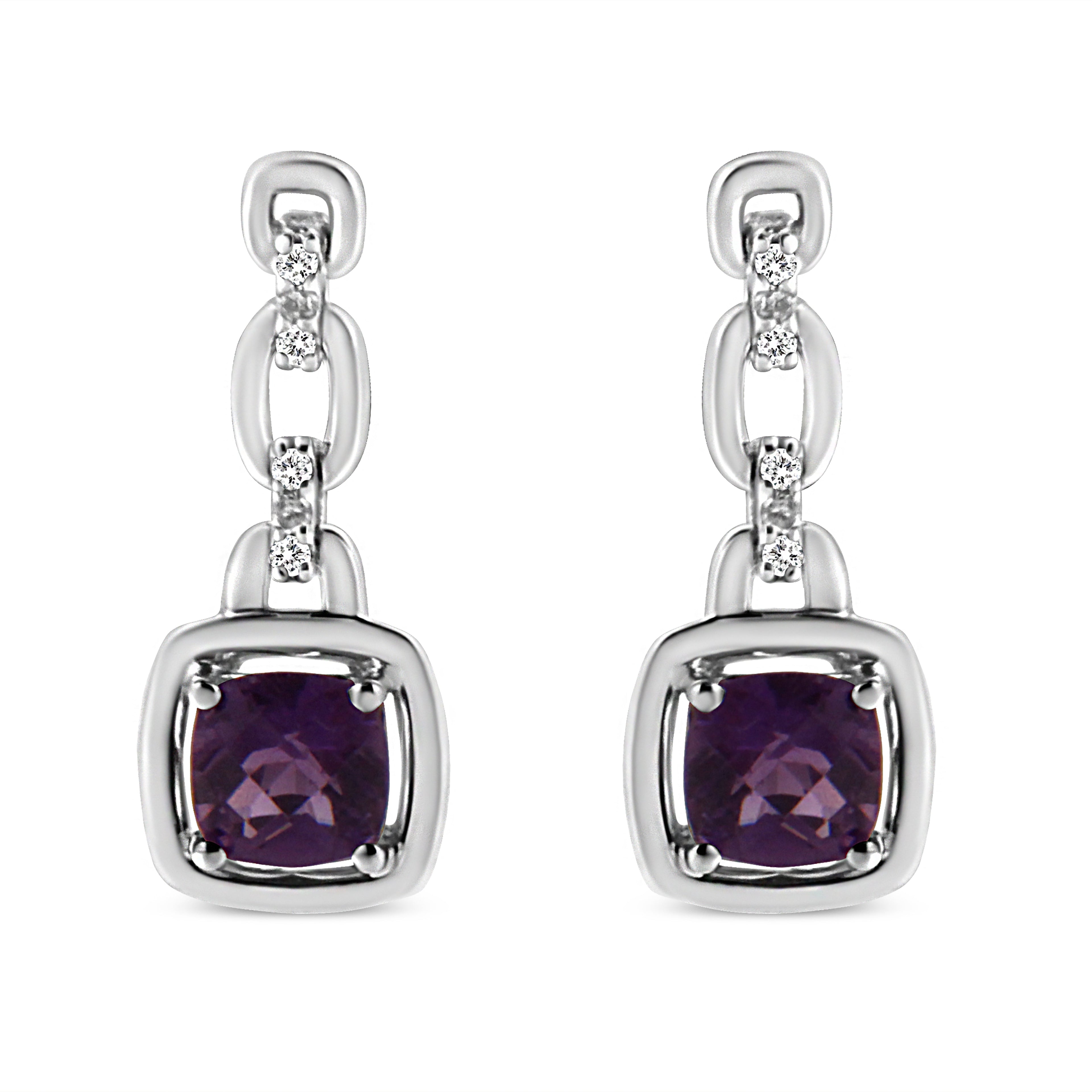 .925 Sterling Silver 6x6MM Cushion Shaped Natural Purple Amethyst and Diamond Accent Drop and Dangle Earrings (I-J Color, I1-I2 Clarity) DestGlow