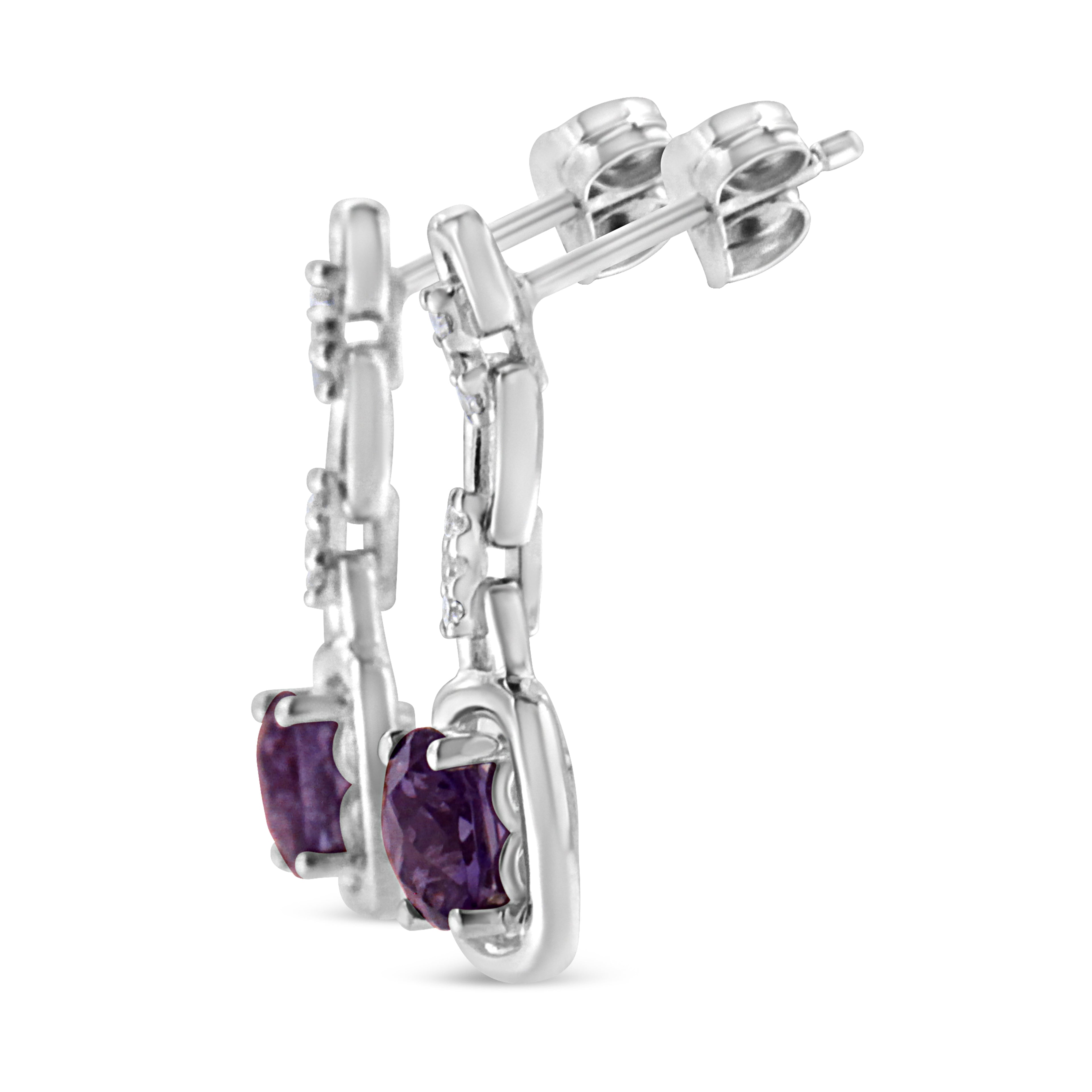 .925 Sterling Silver 6x6MM Cushion Shaped Natural Purple Amethyst and Diamond Accent Drop and Dangle Earrings (I-J Color, I1-I2 Clarity) DestGlow