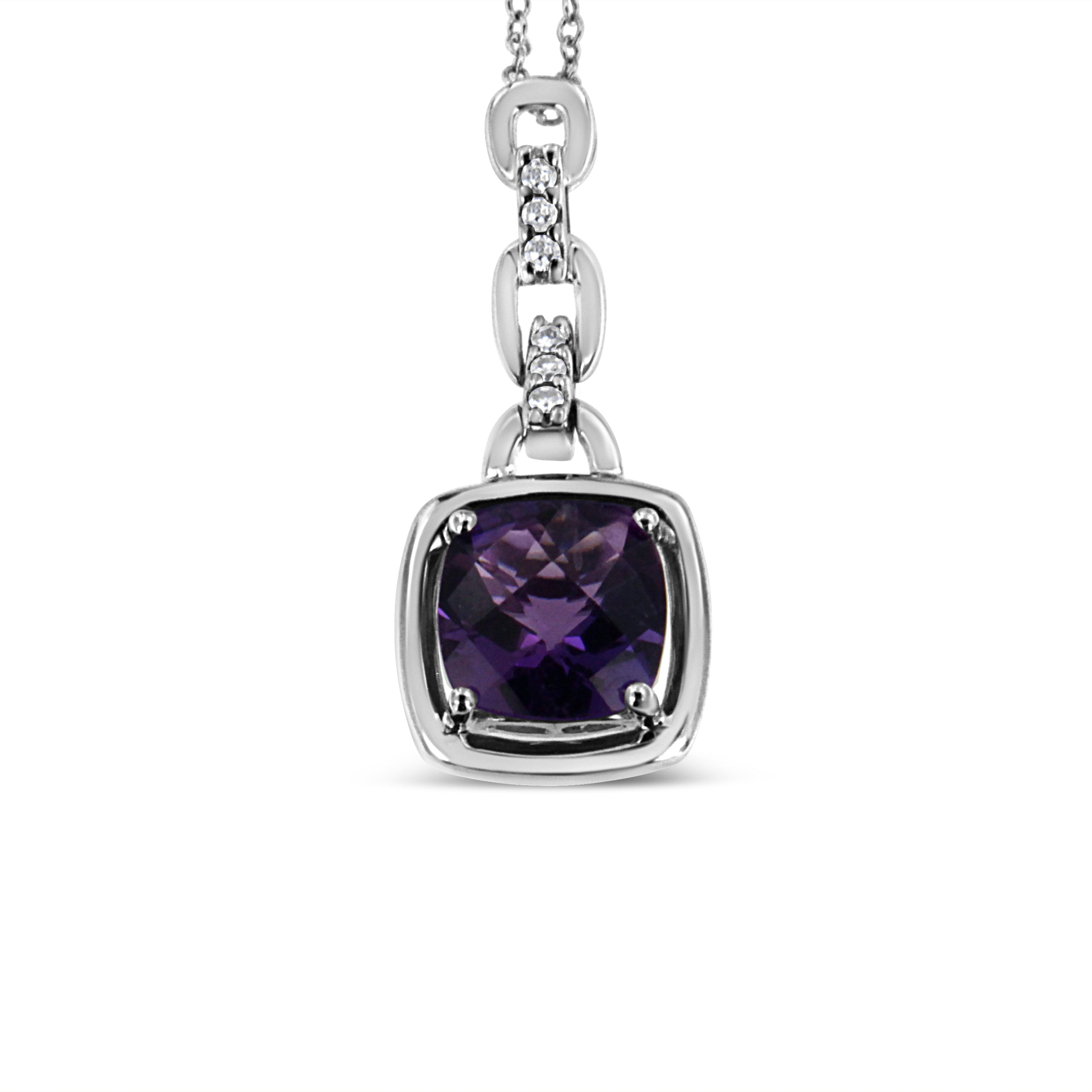 .925 Sterling Silver 6x6MM Cushion Shaped Natural Purple Amethyst and Diamond Accented Bale 18" Inch Pendant Necklace (I-J Color, I1-I2 Clarity) DestGlow