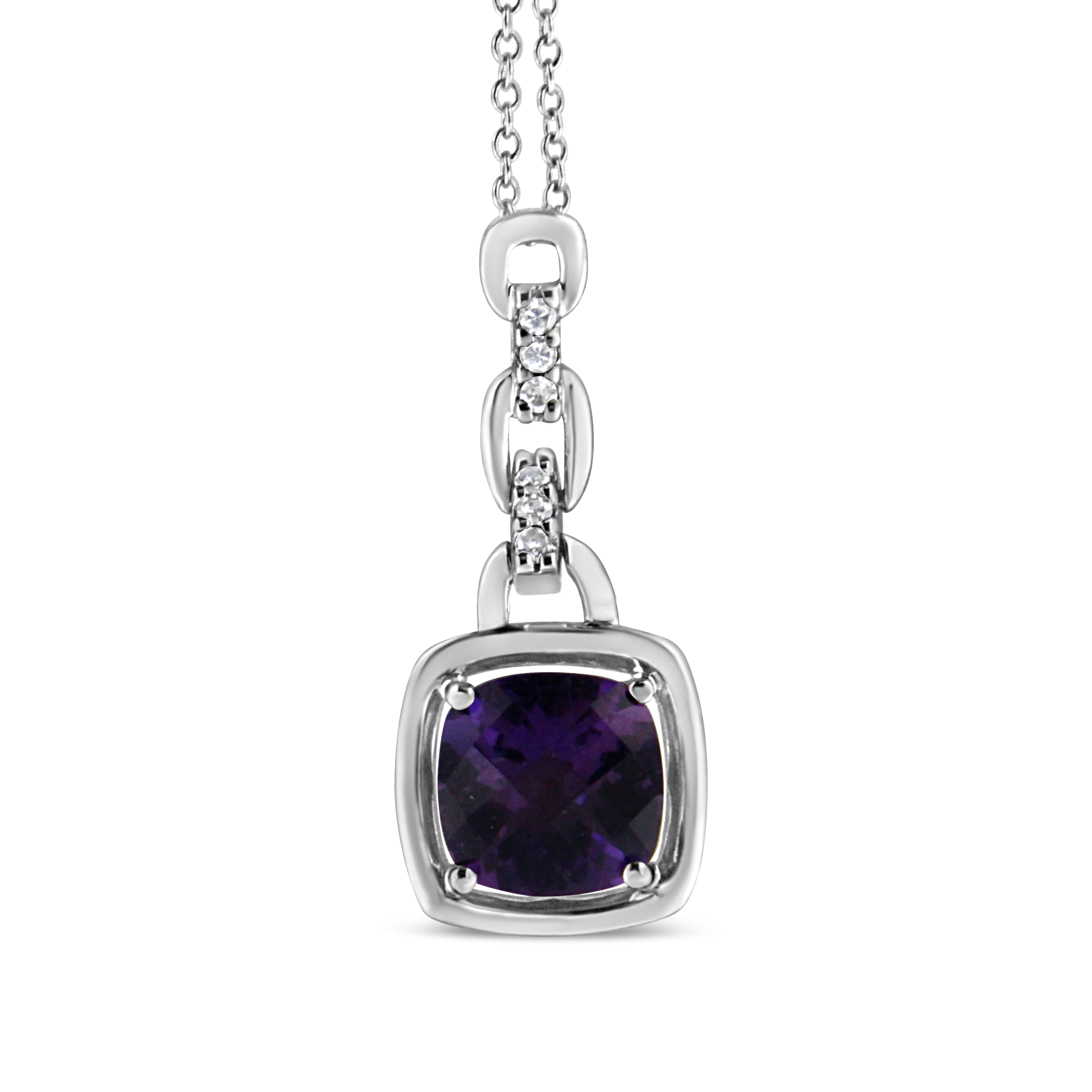.925 Sterling Silver 6x6MM Cushion Shaped Natural Purple Amethyst and Diamond Accented Bale 18" Inch Pendant Necklace (I-J Color, I1-I2 Clarity) DestGlow