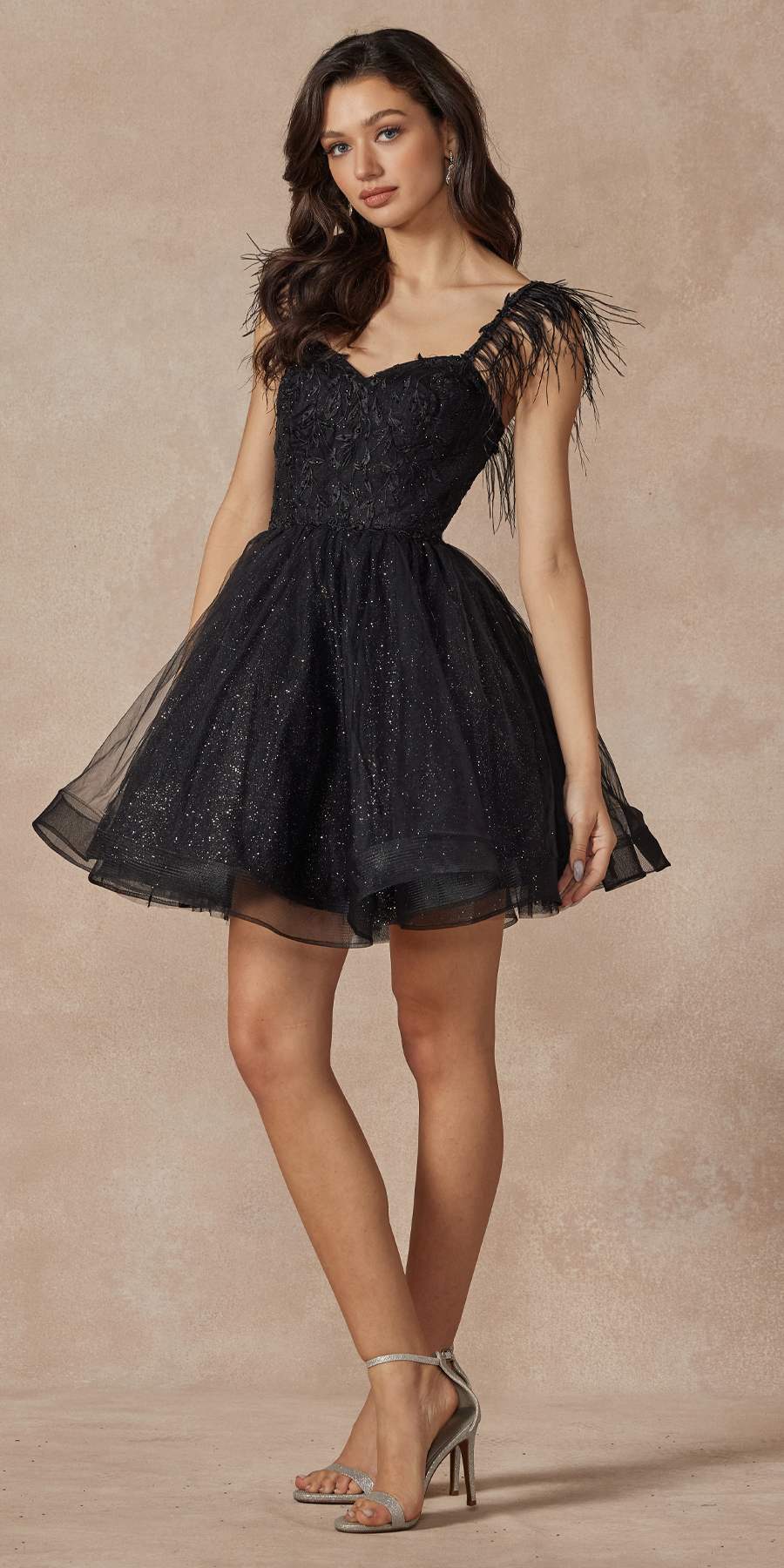 Juliet 881 Feather Straps Sheer Bodice Short A-line Tulle Dress by DiscountDressShop